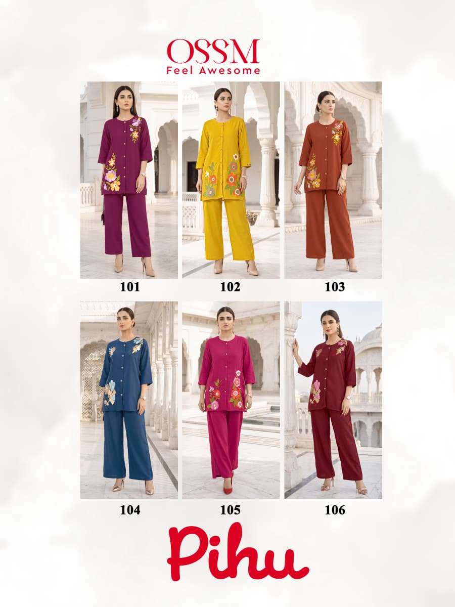 OSSM PIHU CORD SET COLLECTION SILK FANCY WORKS LADIES KURTI WITH BOTTOM PAIR 