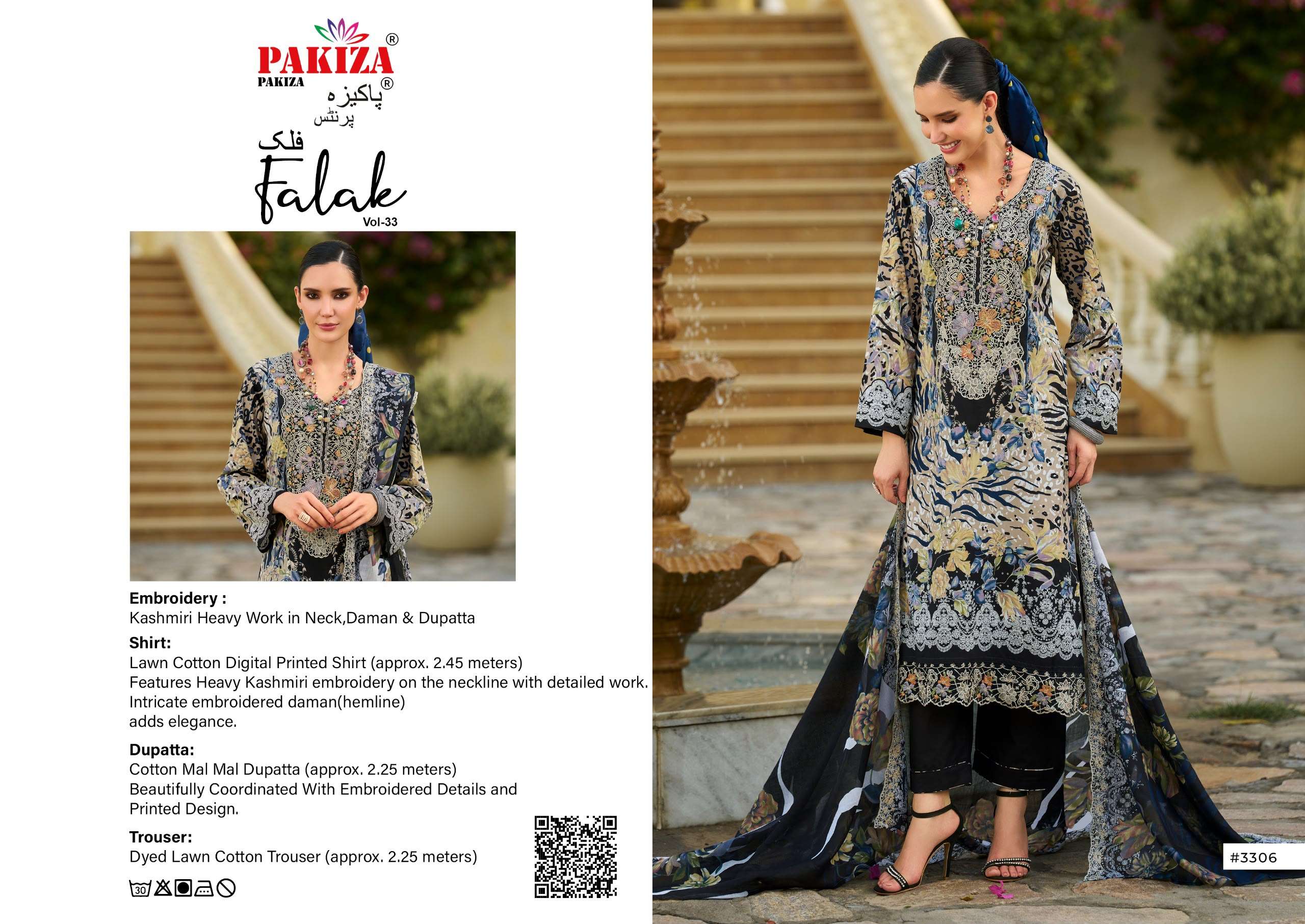 PAKIZA PRINTS FALAK VOL 33 LAWN COTTON DIGITAL PRINTS WITH FANCY KASHMIRI WORK SUIT