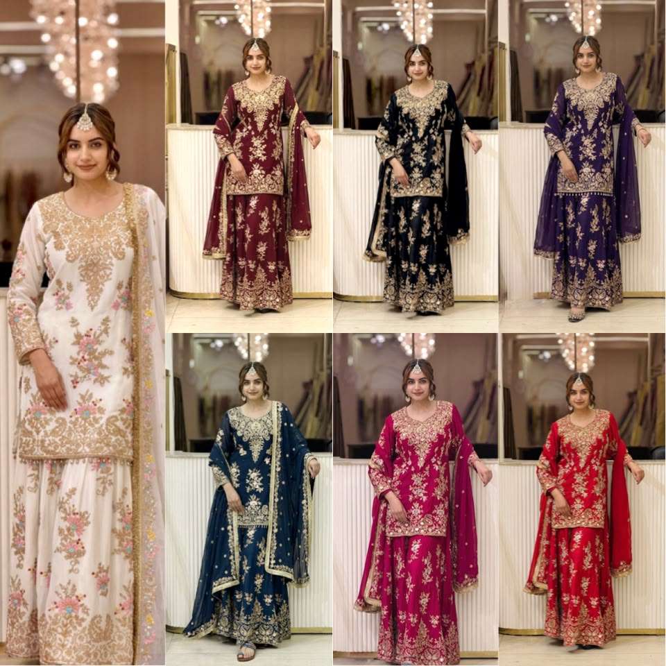 PD 1173 GEORGETTE SEQUENCE EMBROIDERY DESIGNER TOP PLAZZO AND DUPATTA SET 