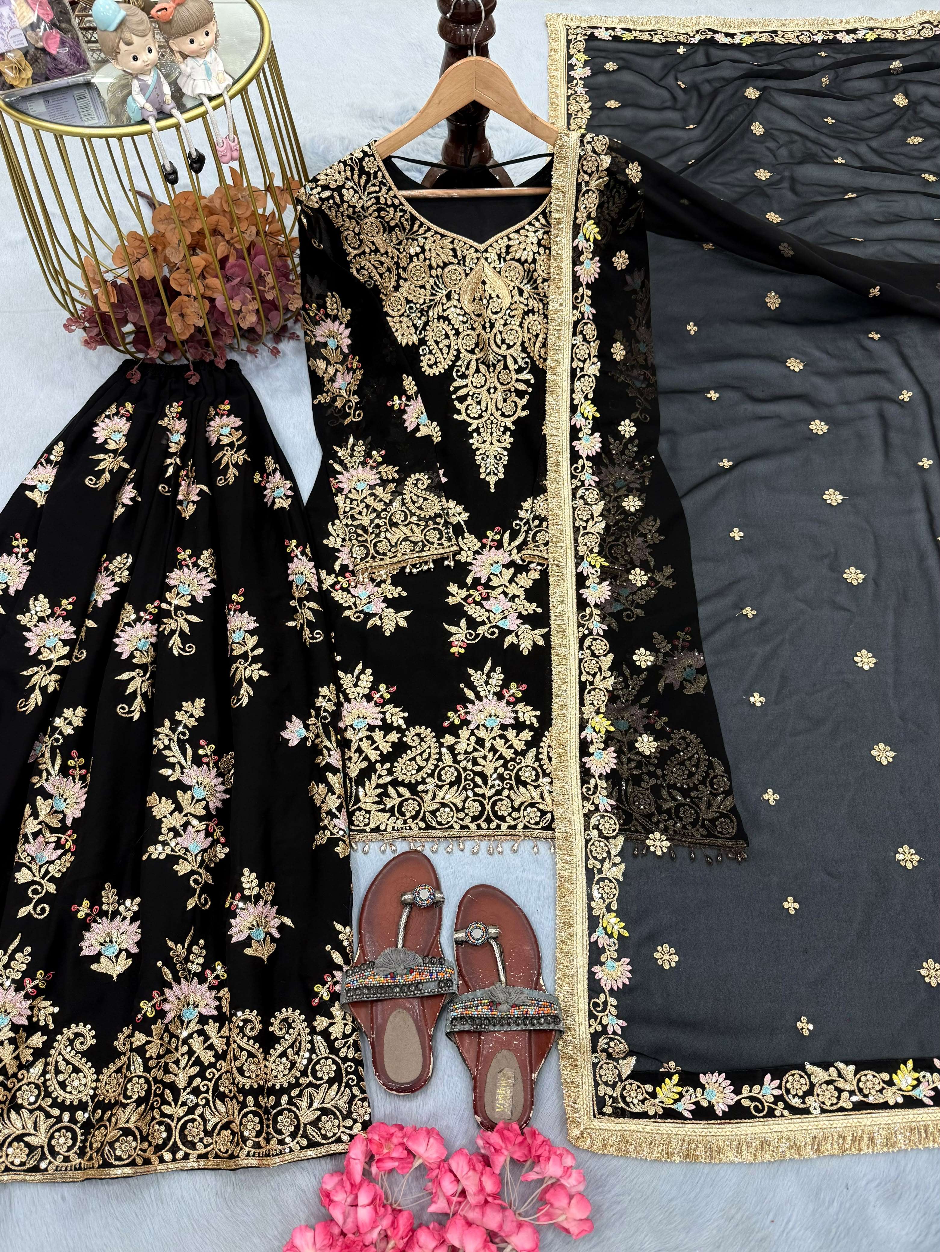PD 1173 GEORGETTE SEQUENCE EMBROIDERY DESIGNER TOP PLAZZO AND DUPATTA SET 