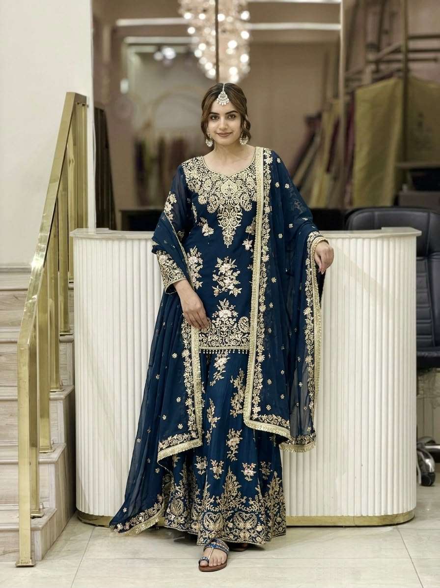 PD 1173 GEORGETTE SEQUENCE EMBROIDERY DESIGNER TOP PLAZZO AND DUPATTA SET 