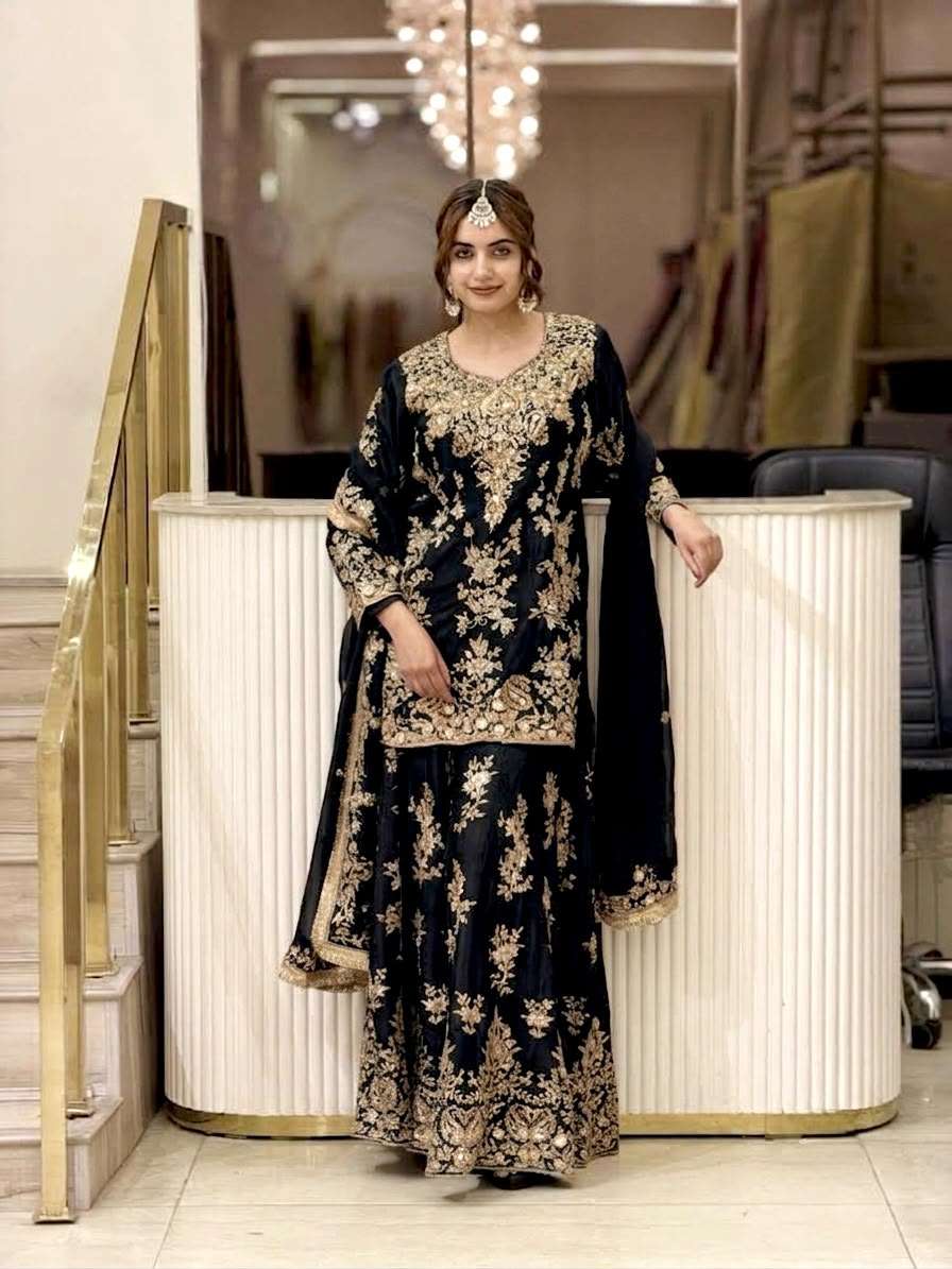 PD 1173 GEORGETTE SEQUENCE EMBROIDERY DESIGNER TOP PLAZZO AND DUPATTA SET 