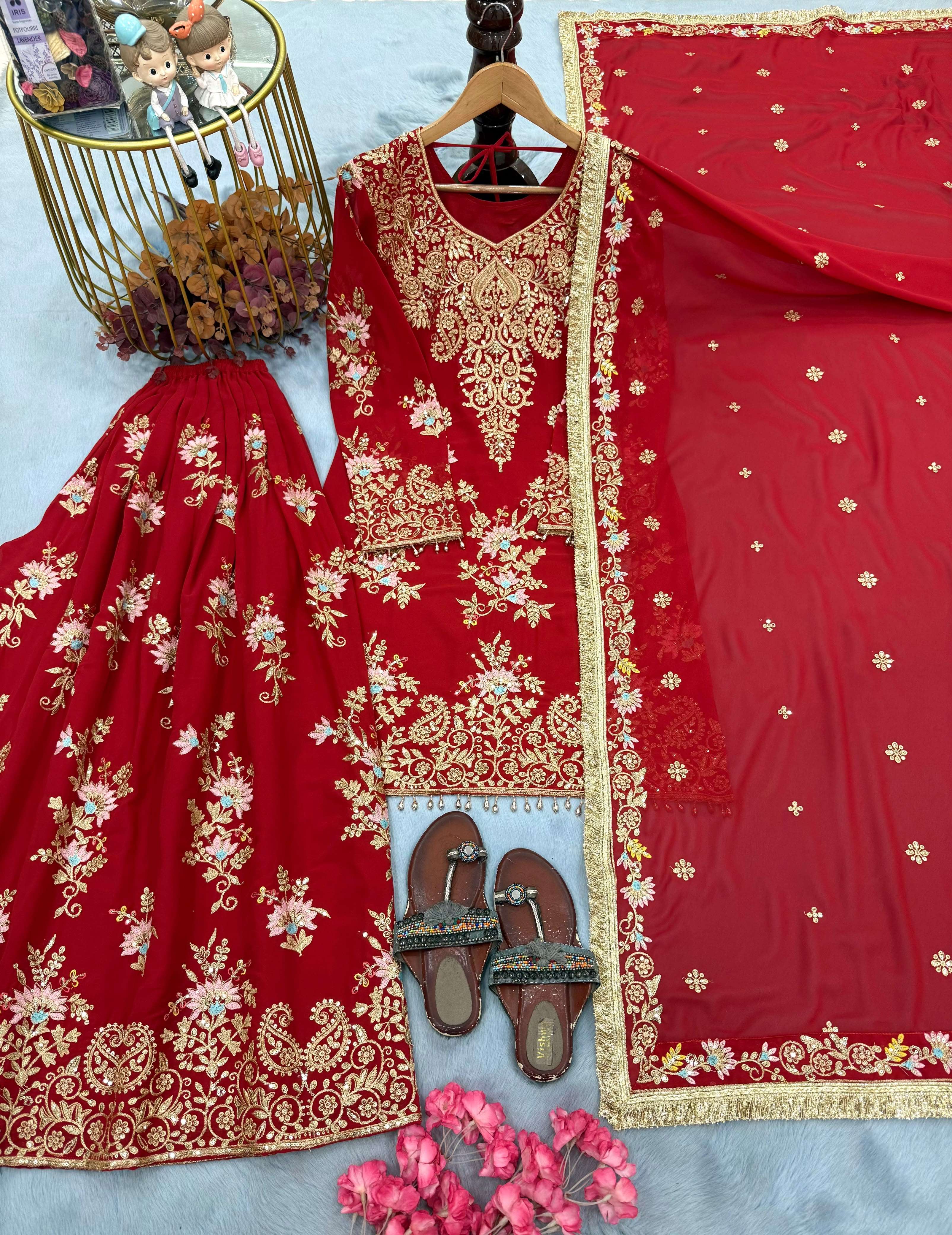 PD 1173 GEORGETTE SEQUENCE EMBROIDERY DESIGNER TOP PLAZZO AND DUPATTA SET 