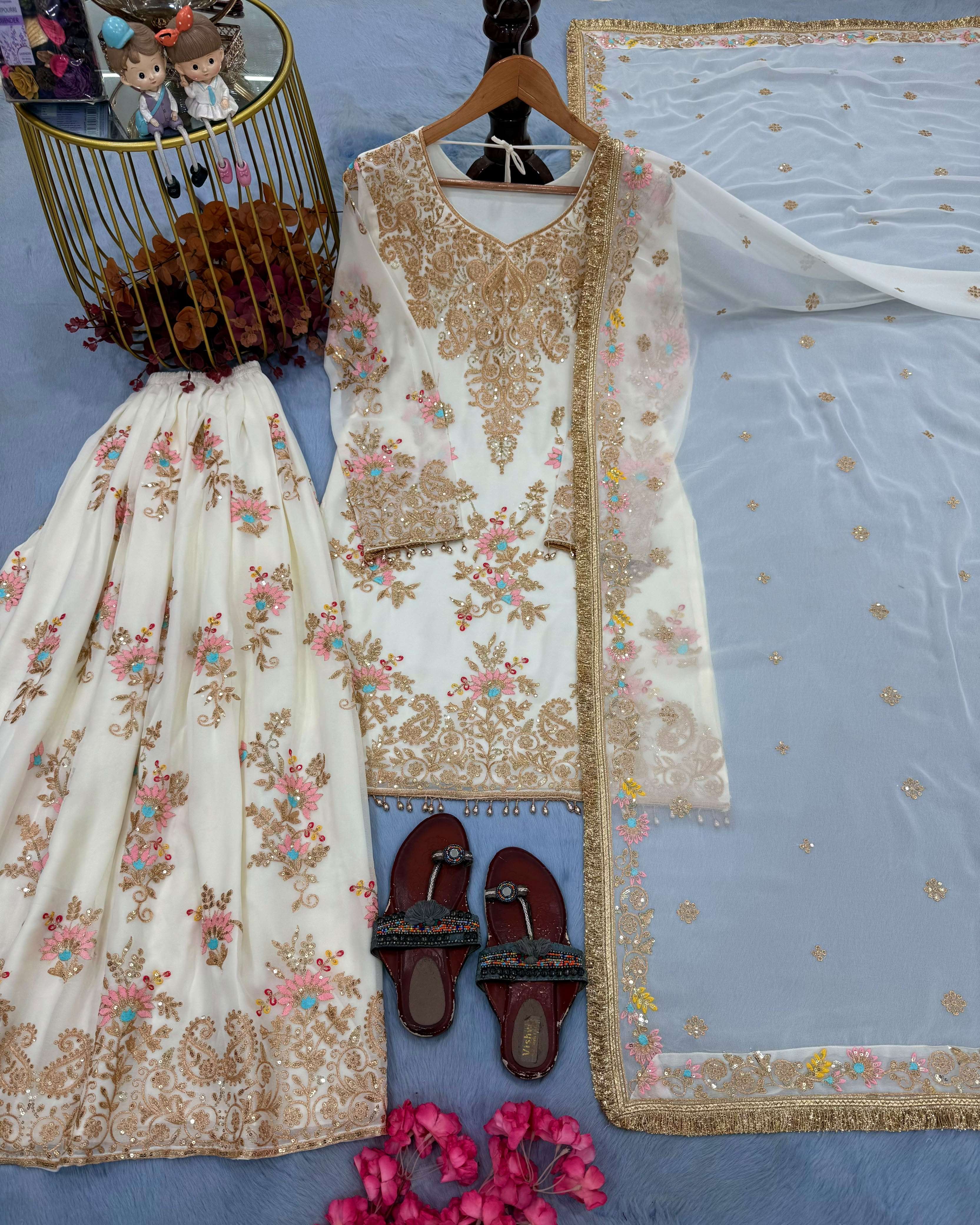 PD 1173 GEORGETTE SEQUENCE EMBROIDERY DESIGNER TOP PLAZZO AND DUPATTA SET 