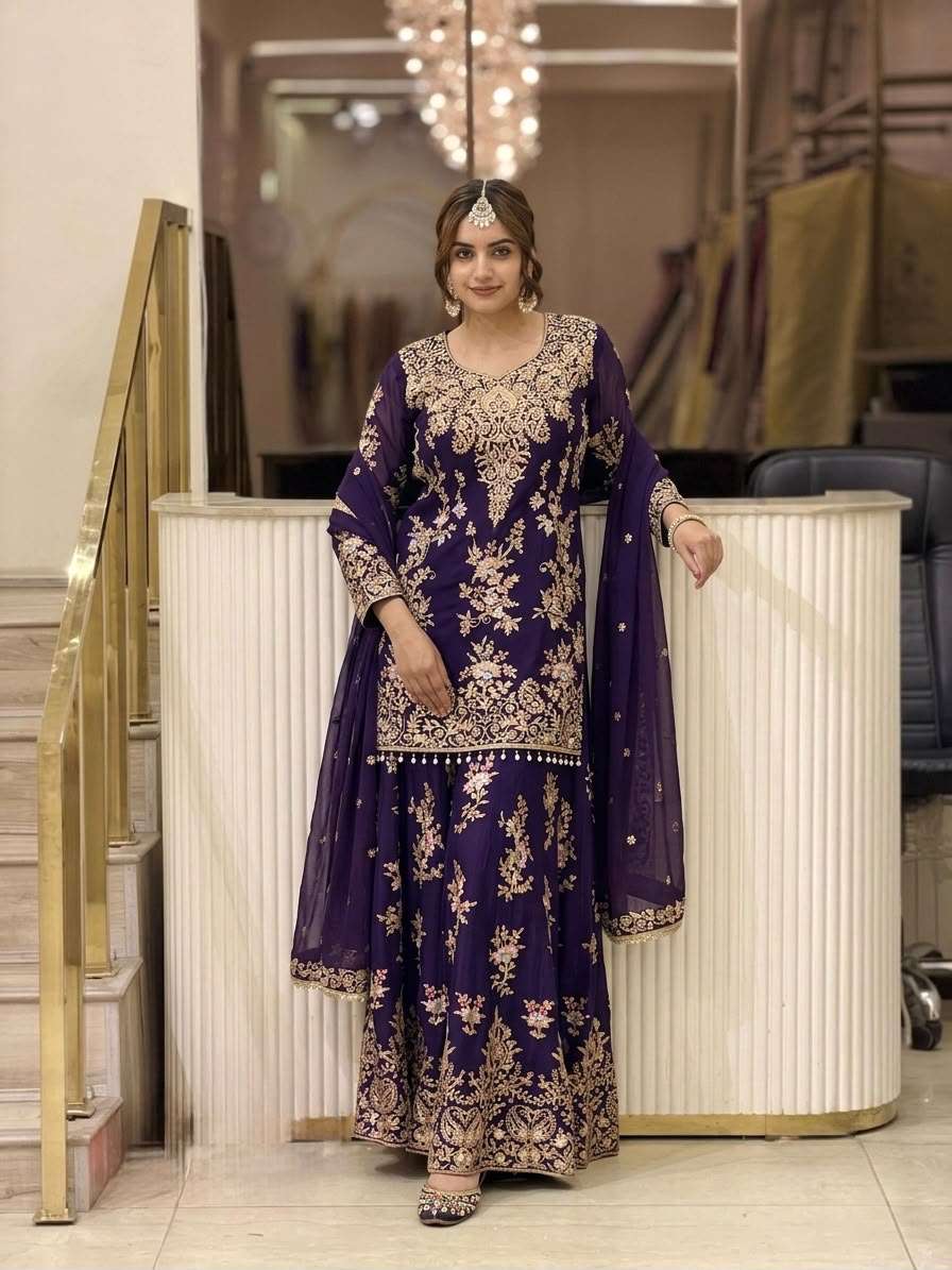 PD 1173 GEORGETTE SEQUENCE EMBROIDERY DESIGNER TOP PLAZZO AND DUPATTA SET 
