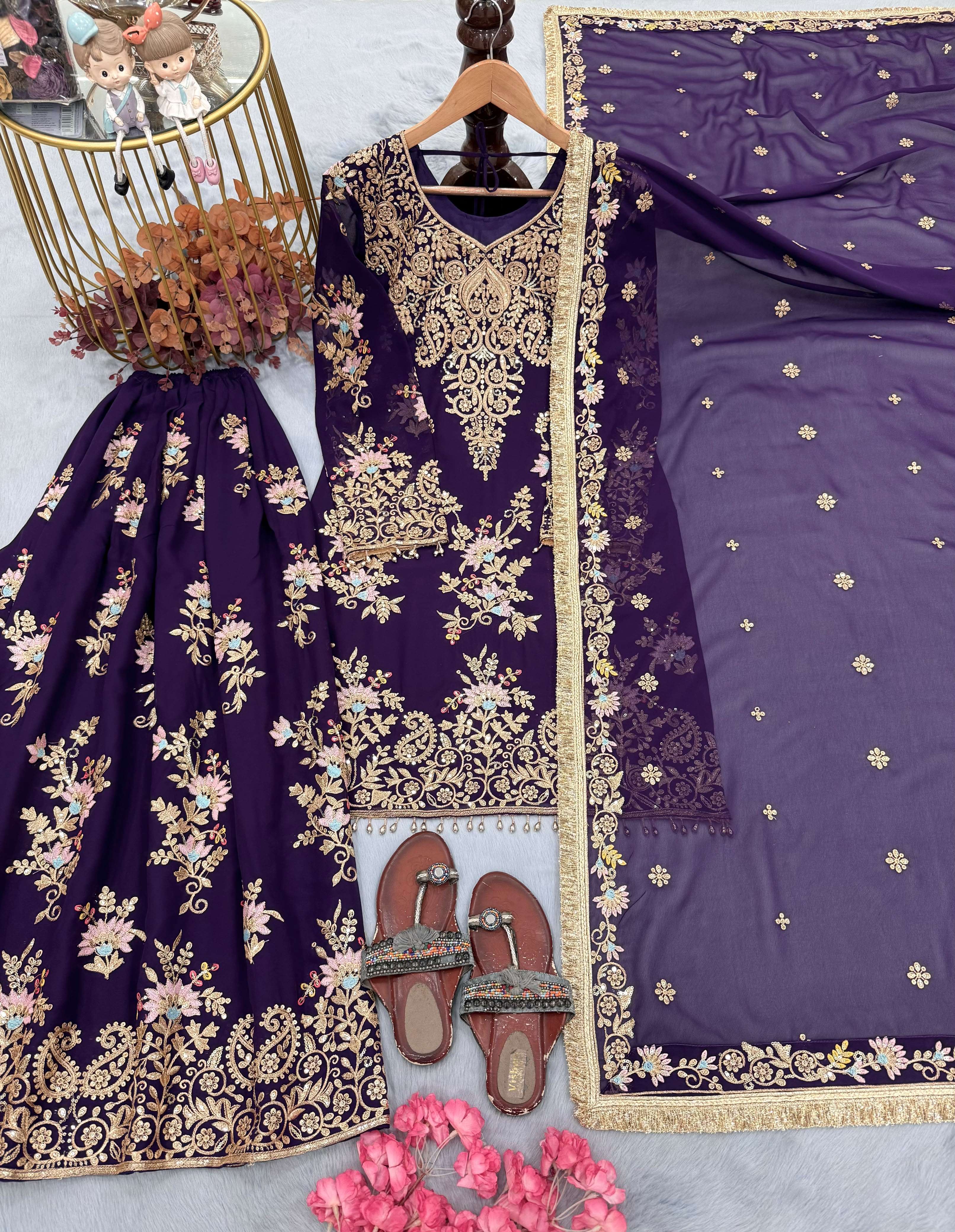 PD 1173 GEORGETTE SEQUENCE EMBROIDERY DESIGNER TOP PLAZZO AND DUPATTA SET 