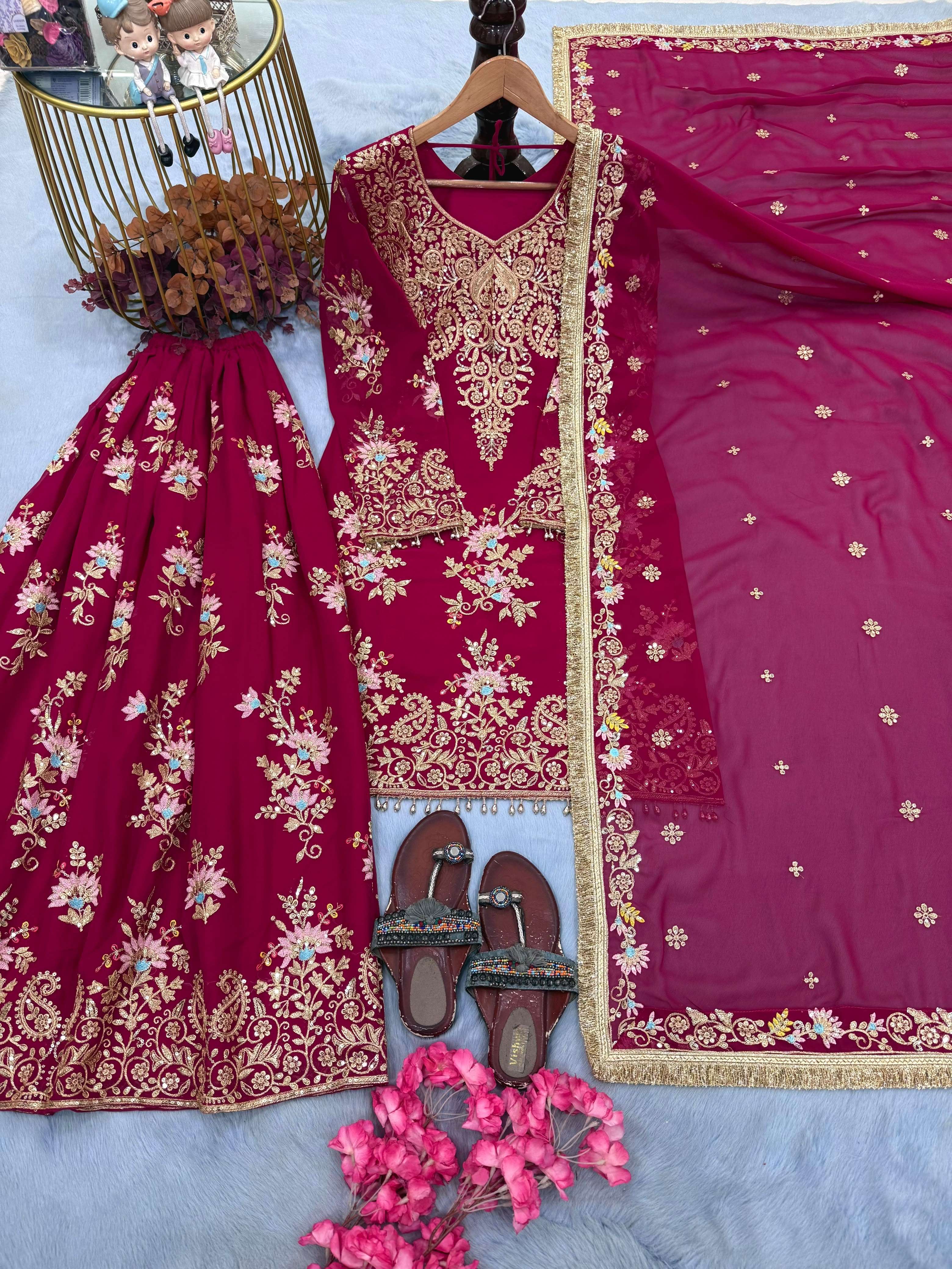 PD 1173 GEORGETTE SEQUENCE EMBROIDERY DESIGNER TOP PLAZZO AND DUPATTA SET 