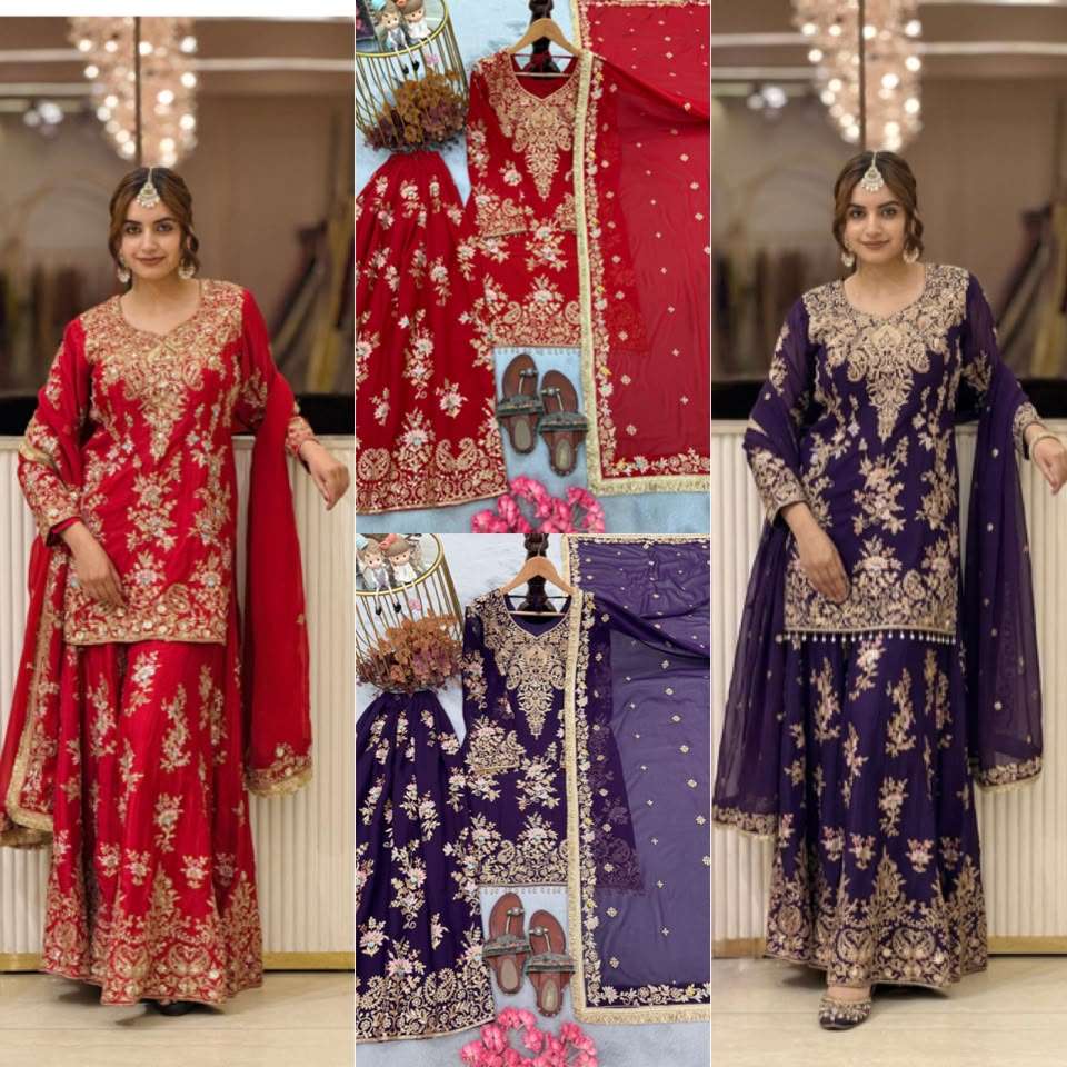 PD 1173 GEORGETTE SEQUENCE EMBROIDERY DESIGNER TOP PLAZZO AND DUPATTA SET 