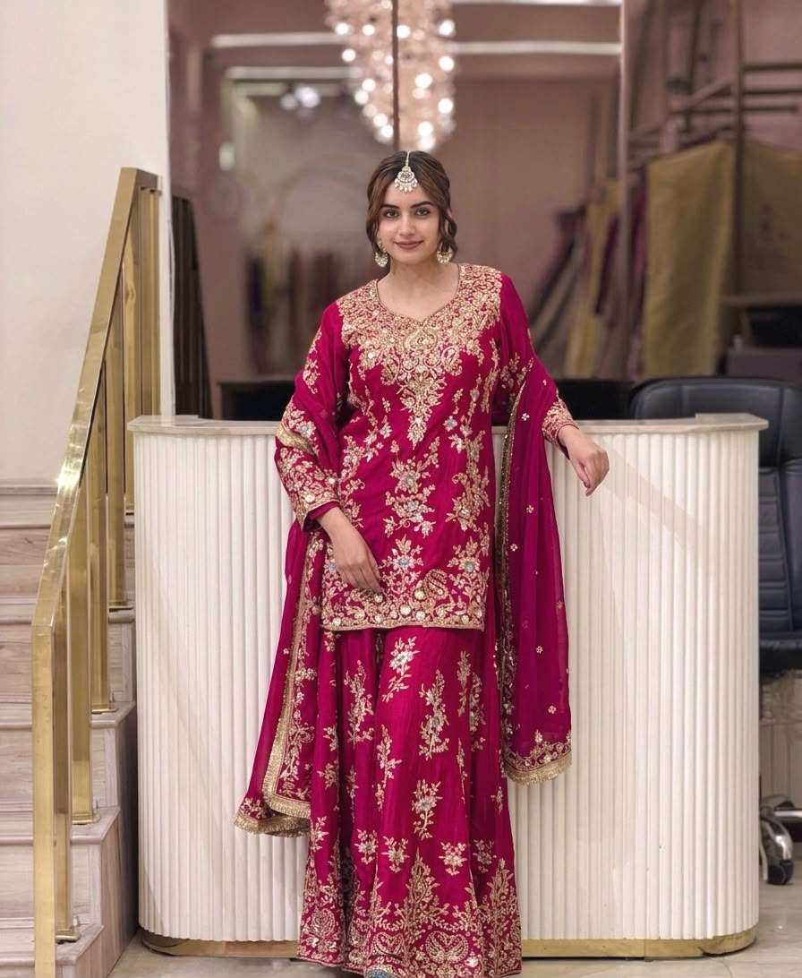 PD 1173 GEORGETTE SEQUENCE EMBROIDERY DESIGNER TOP PLAZZO AND DUPATTA SET 