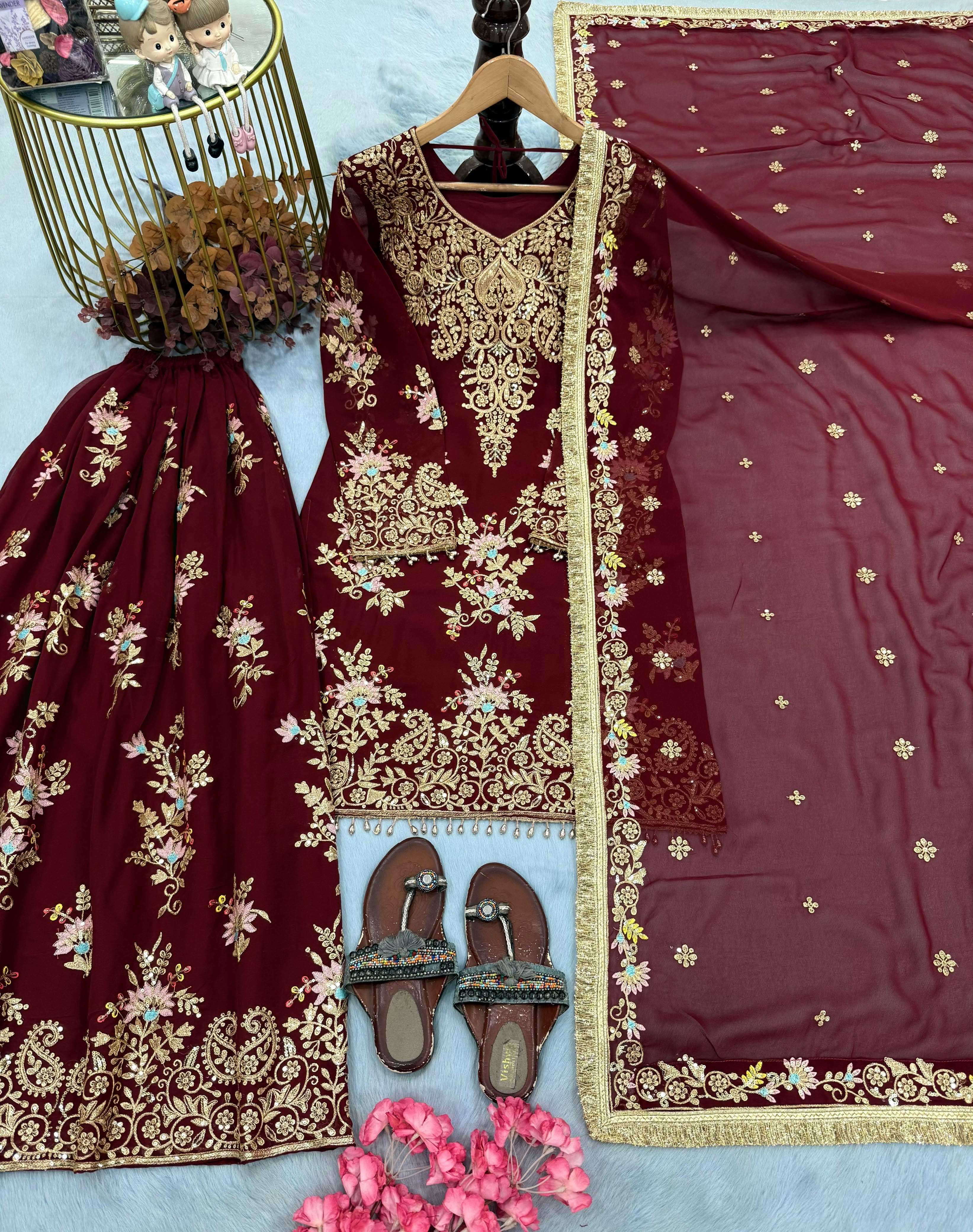 PD 1173 GEORGETTE SEQUENCE EMBROIDERY DESIGNER TOP PLAZZO AND DUPATTA SET 