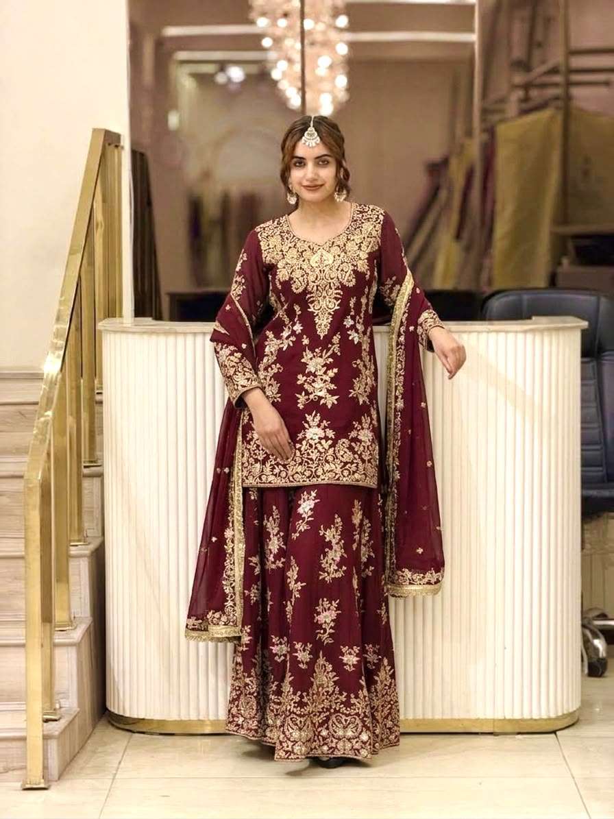 PD 1173 GEORGETTE SEQUENCE EMBROIDERY DESIGNER TOP PLAZZO AND DUPATTA SET 