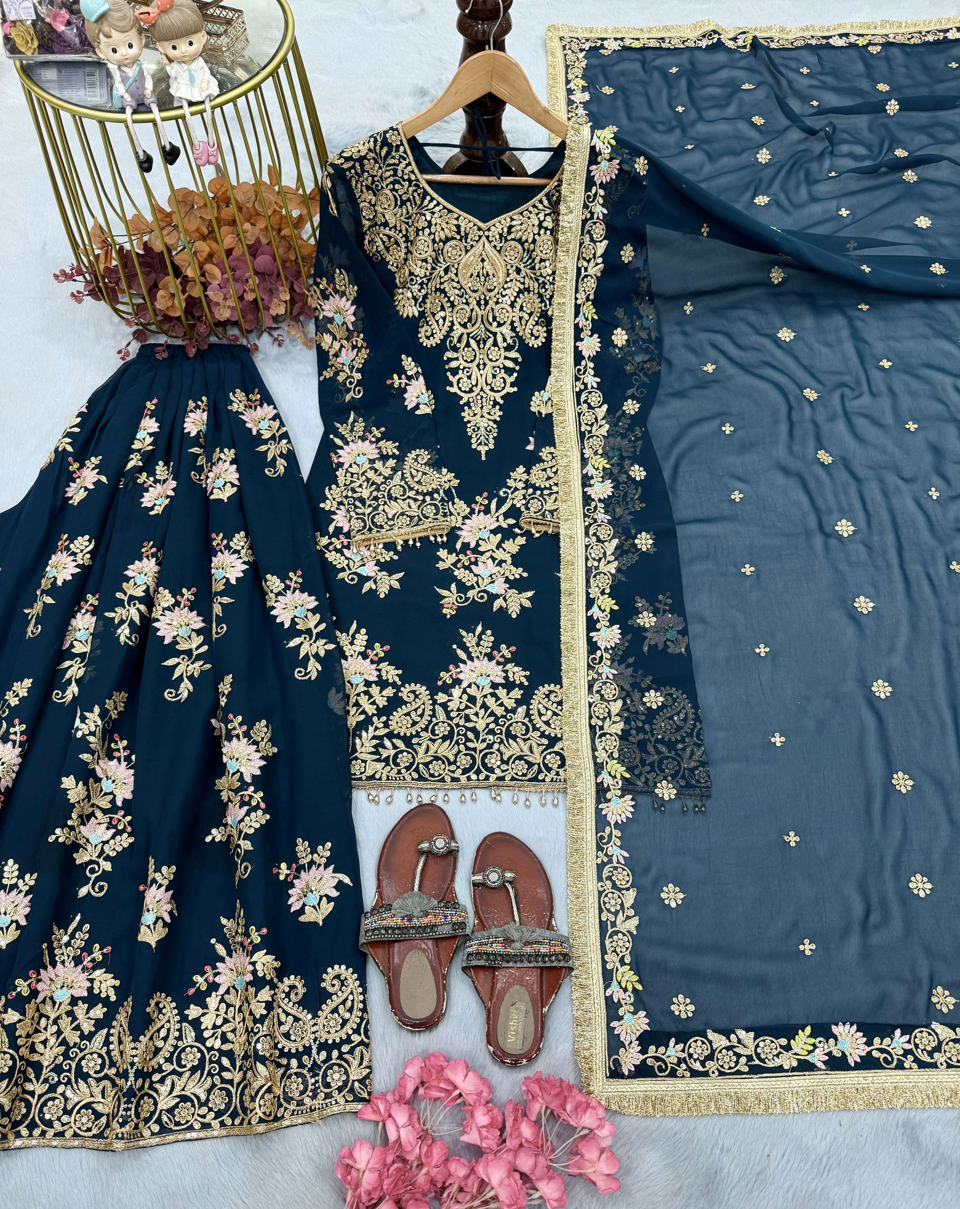 PD 1173 GEORGETTE SEQUENCE EMBROIDERY DESIGNER TOP PLAZZO AND DUPATTA SET 