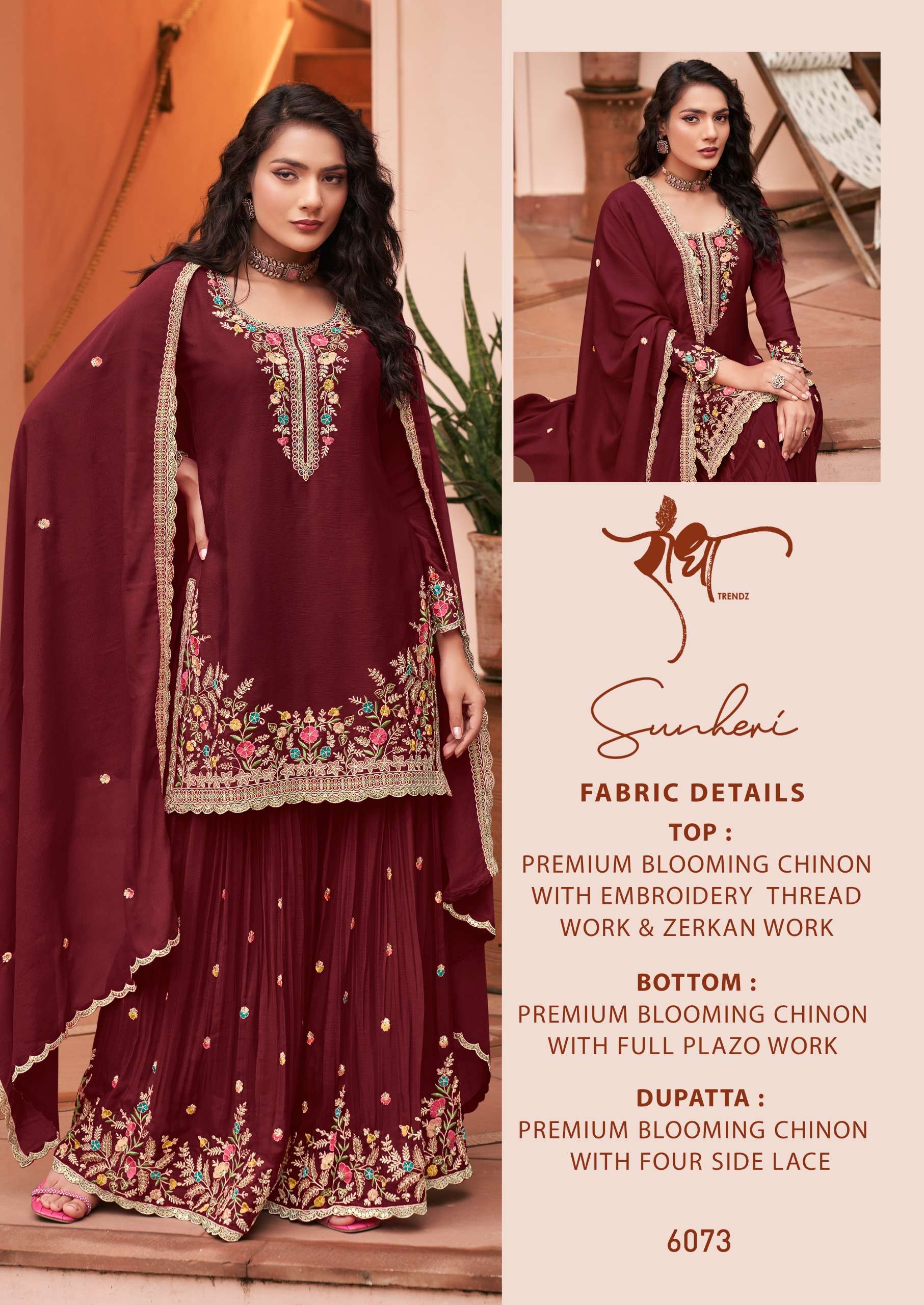 RADHA TRENDZ SUNHERI CHINON WITH EMBROIDERY DESIGNER HEAVY FESTIVE WEAR SUIT  