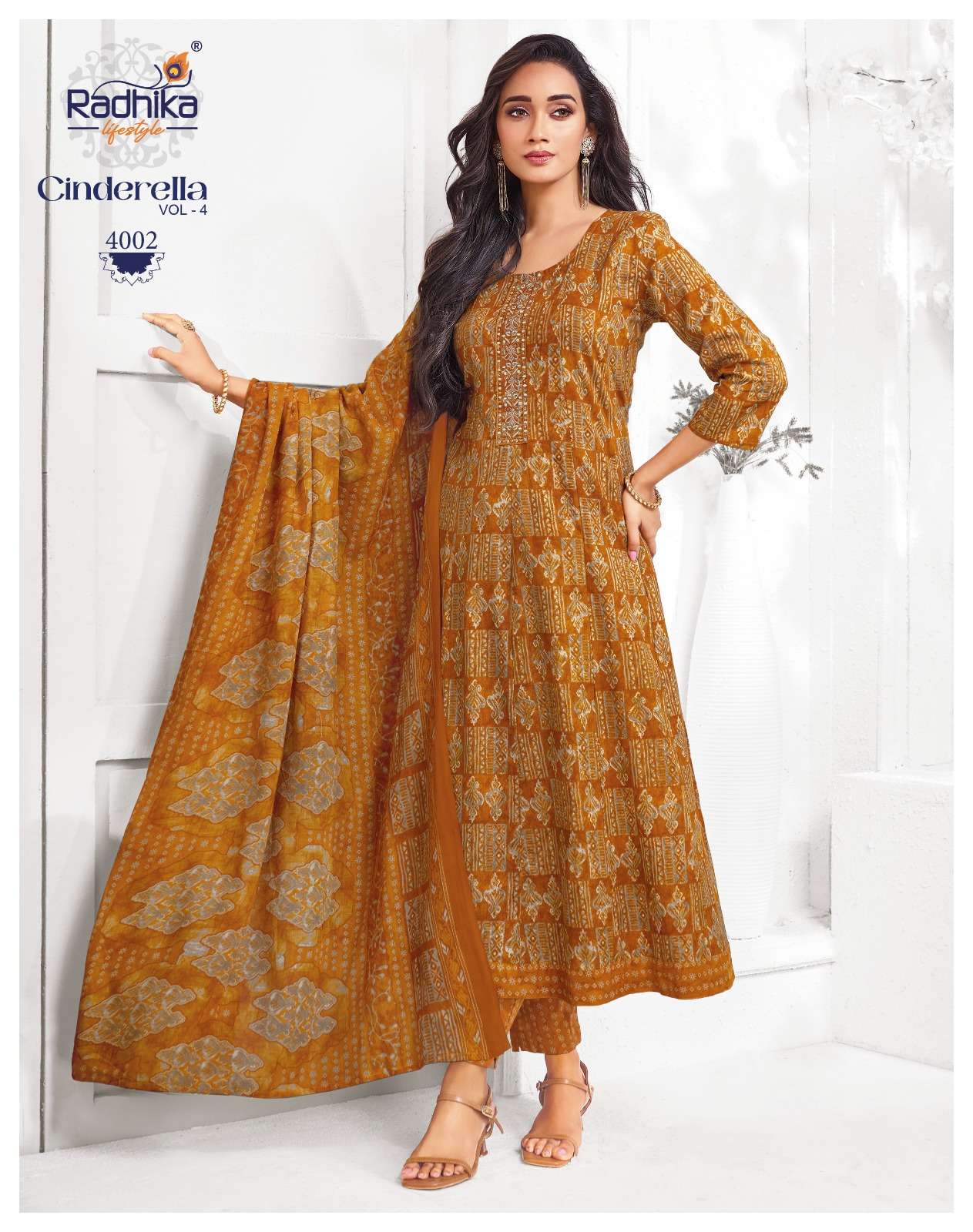 RADHIKA LIFESTYLE CINDRELL VOL 4 COTTON  PRINT WITH FANCY ANARKALI KURTI WITH PANT DUPPTTA SET