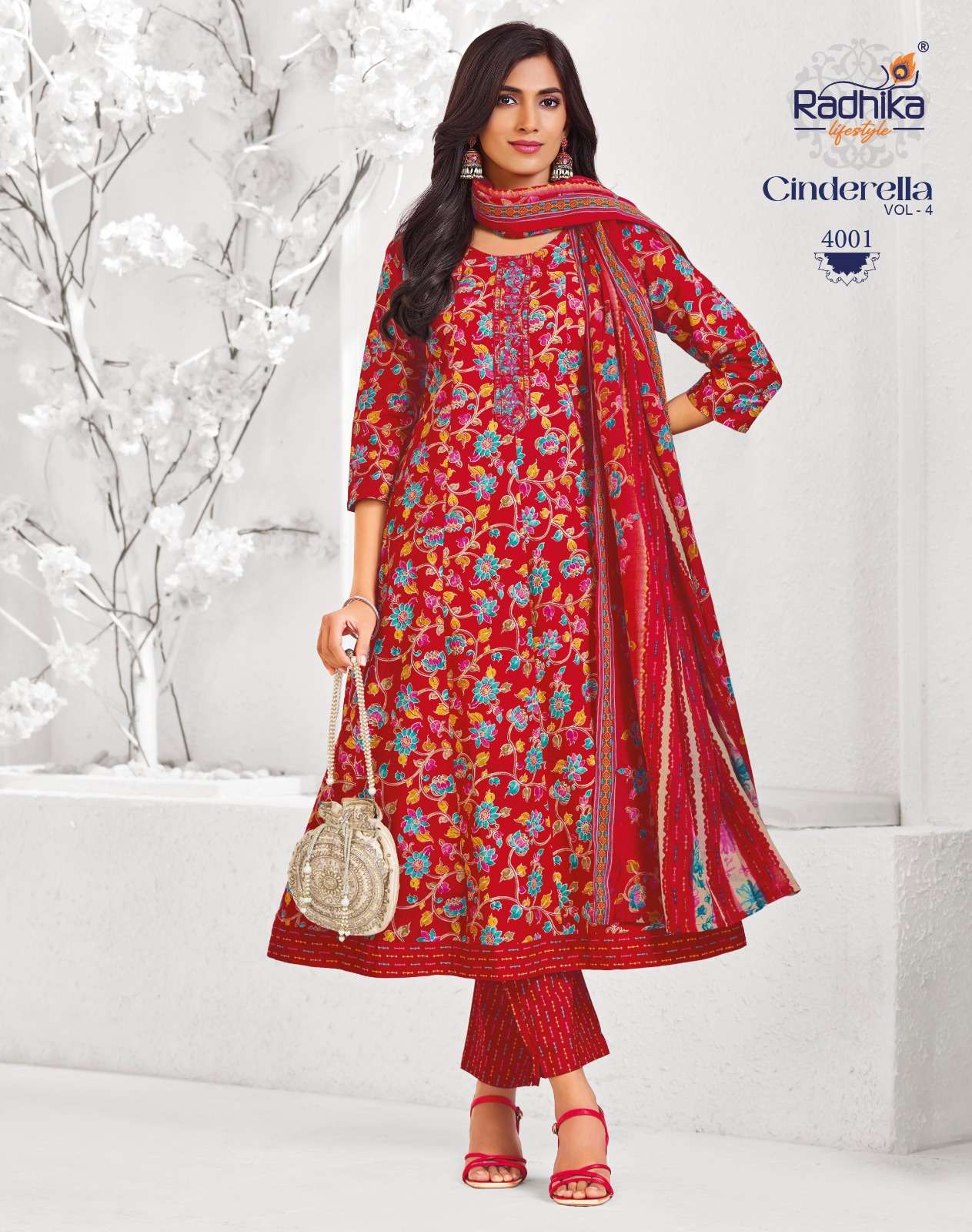 RADHIKA LIFESTYLE CINDRELL VOL 4 COTTON  PRINT WITH FANCY ANARKALI KURTI WITH PANT DUPPTTA SET