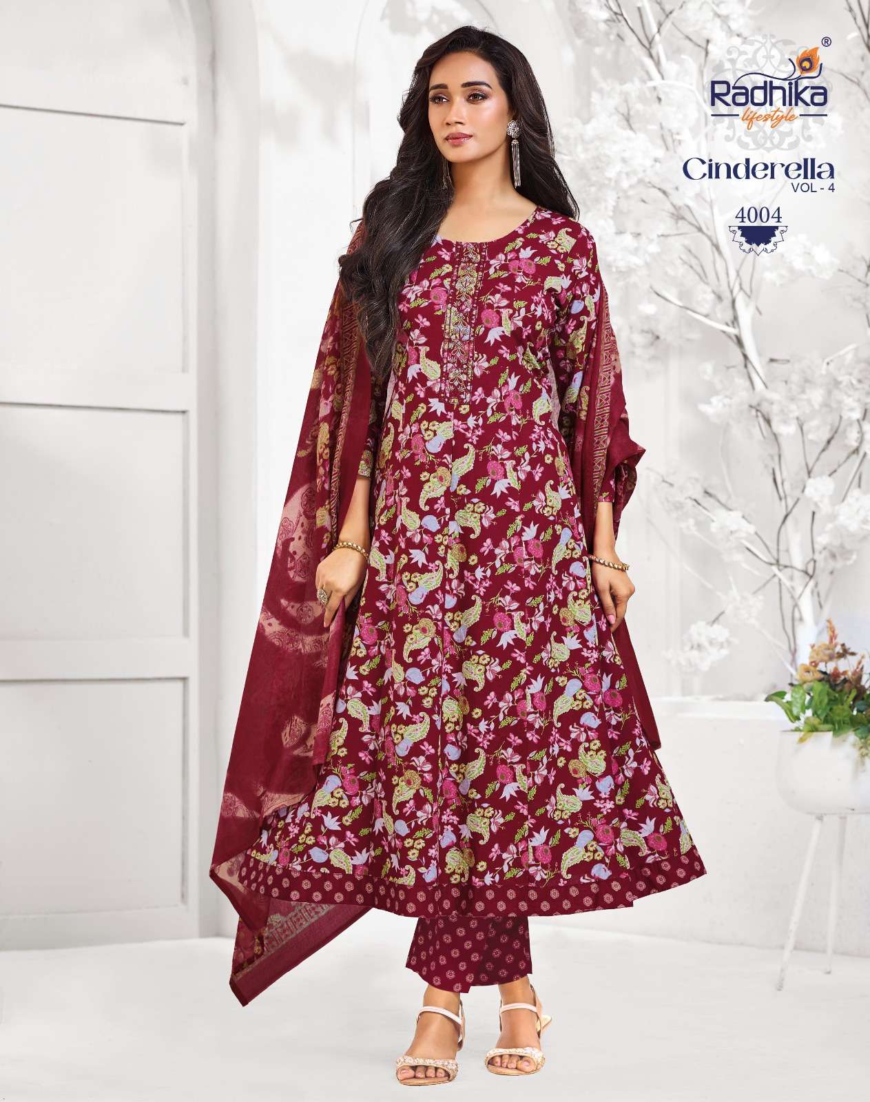 RADHIKA LIFESTYLE CINDRELL VOL 4 COTTON  PRINT WITH FANCY ANARKALI KURTI WITH PANT DUPPTTA SET
