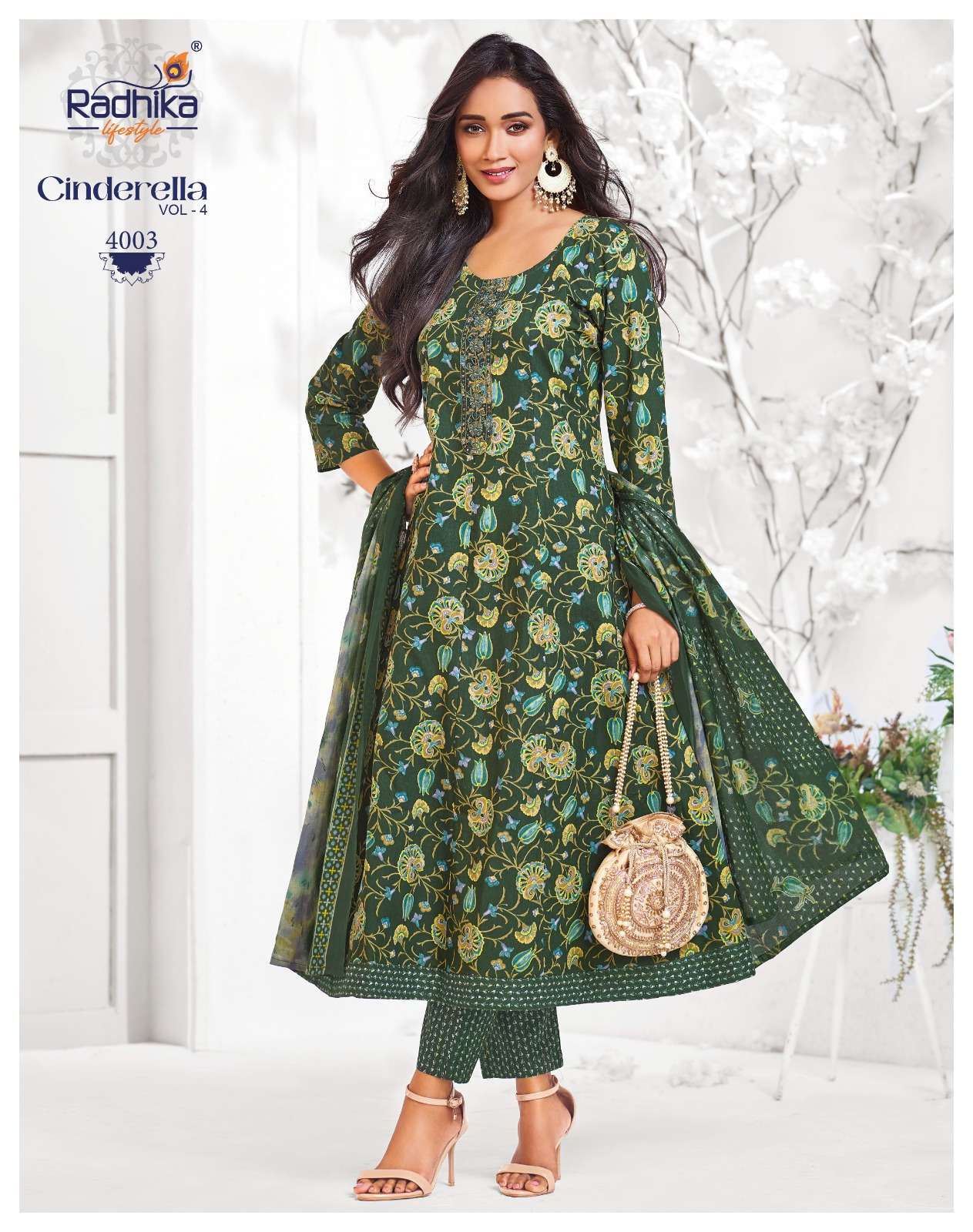RADHIKA LIFESTYLE CINDRELL VOL 4 COTTON  PRINT WITH FANCY ANARKALI KURTI WITH PANT DUPPTTA SET