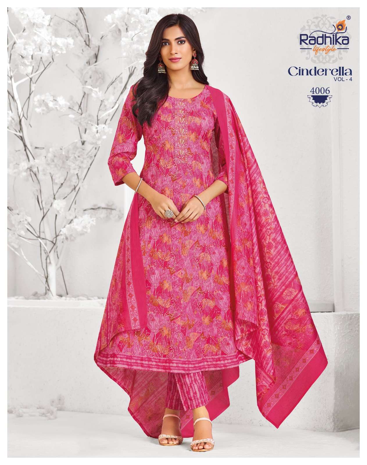 RADHIKA LIFESTYLE CINDRELL VOL 4 COTTON  PRINT WITH FANCY ANARKALI KURTI WITH PANT DUPPTTA SET