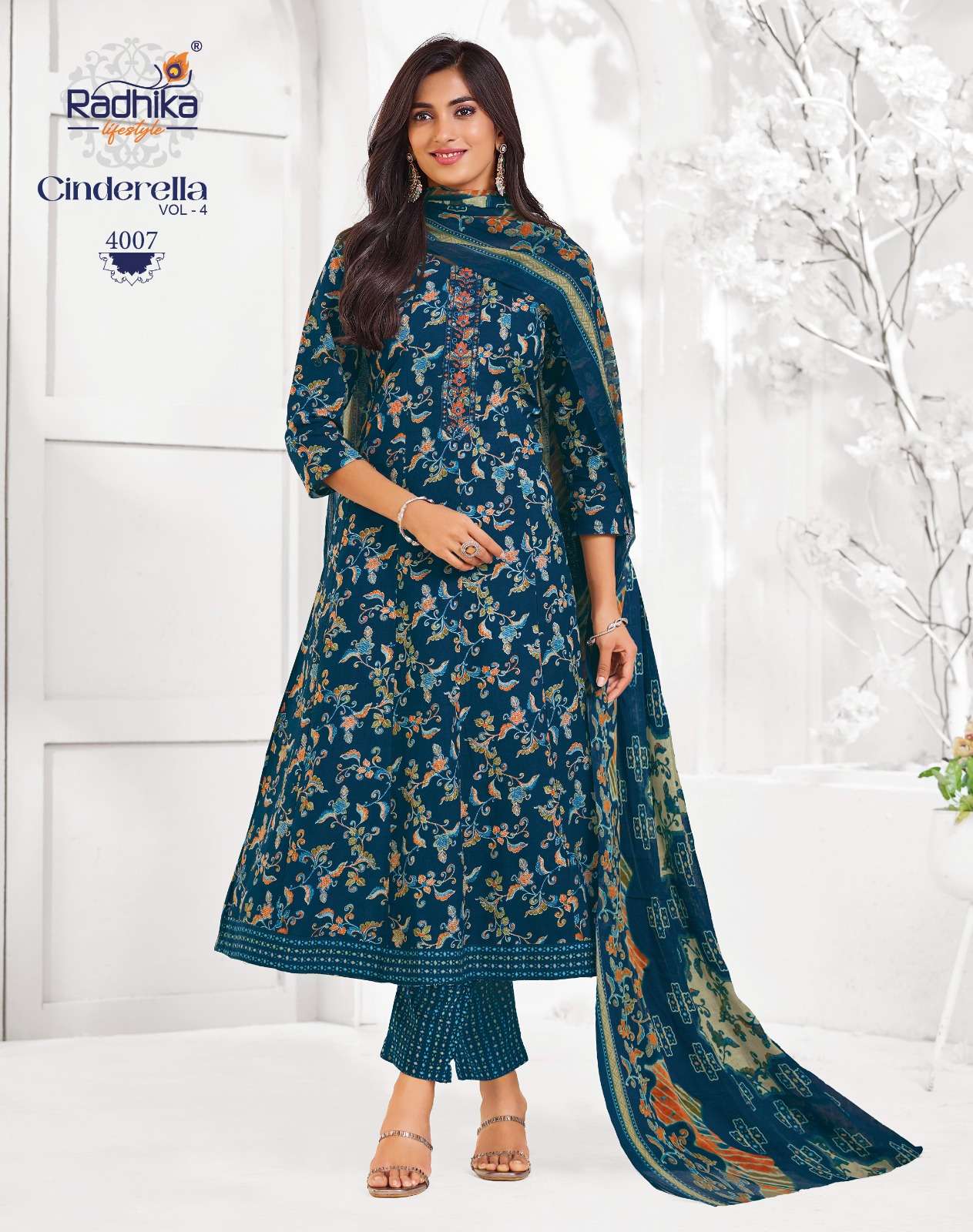 RADHIKA LIFESTYLE CINDRELL VOL 4 COTTON  PRINT WITH FANCY ANARKALI KURTI WITH PANT DUPPTTA SET