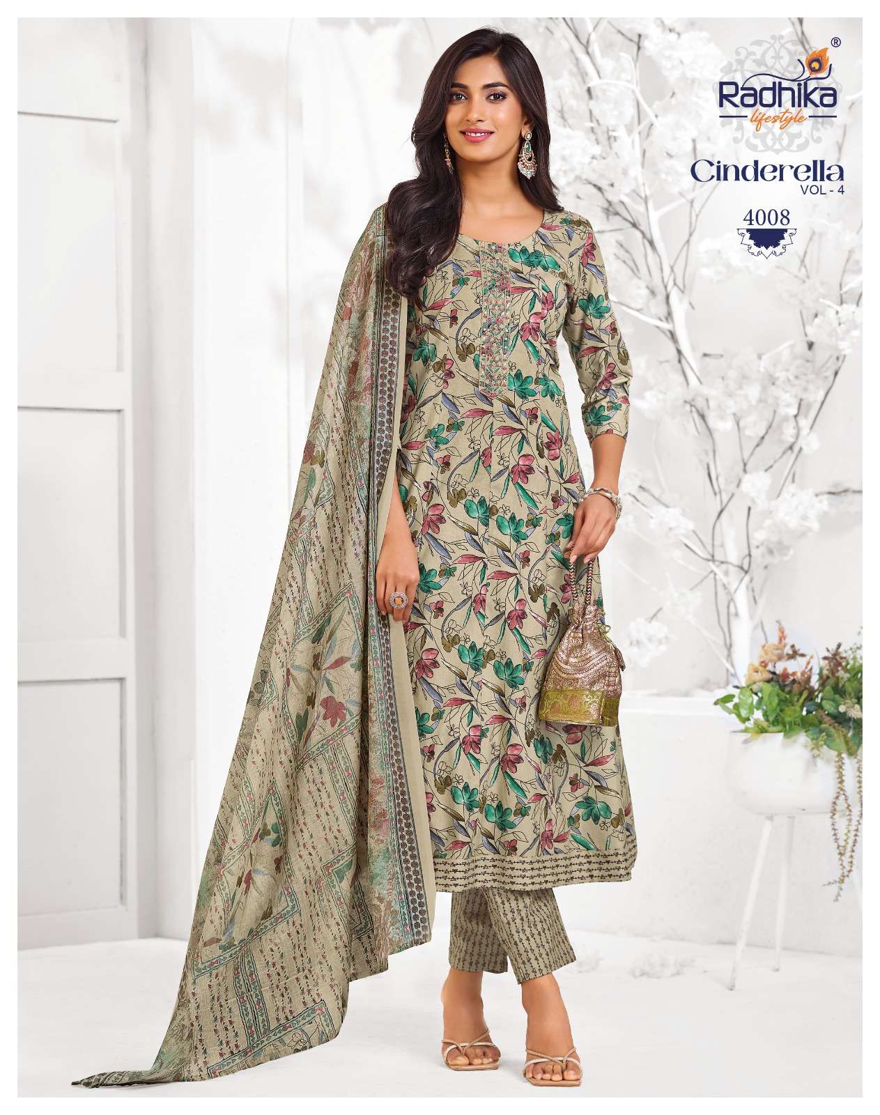 RADHIKA LIFESTYLE CINDRELL VOL 4 COTTON  PRINT WITH FANCY ANARKALI KURTI WITH PANT DUPPTTA SET