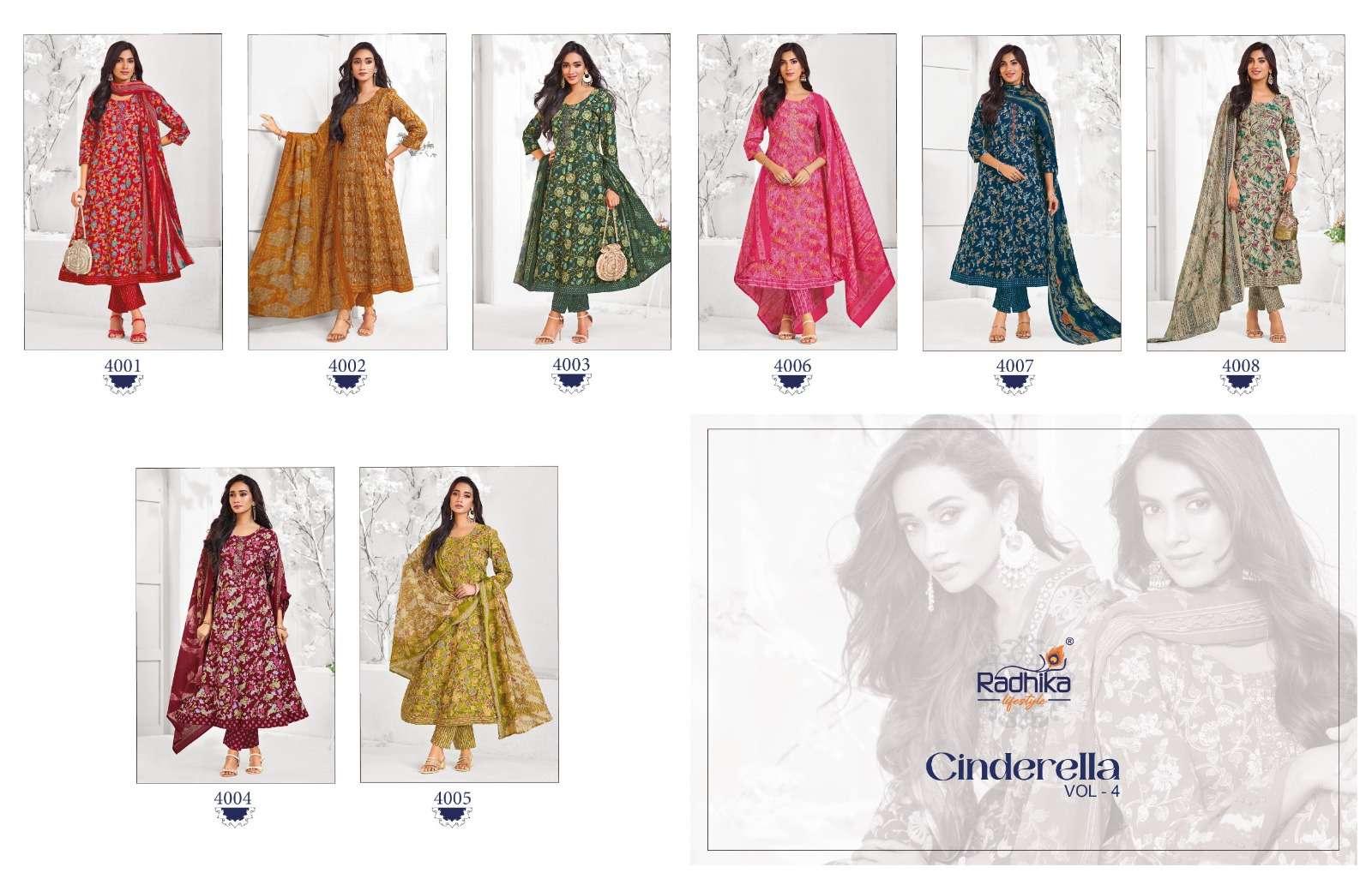 RADHIKA LIFESTYLE CINDRELL VOL 4 COTTON  PRINT WITH FANCY ANARKALI KURTI WITH PANT DUPPTTA SET