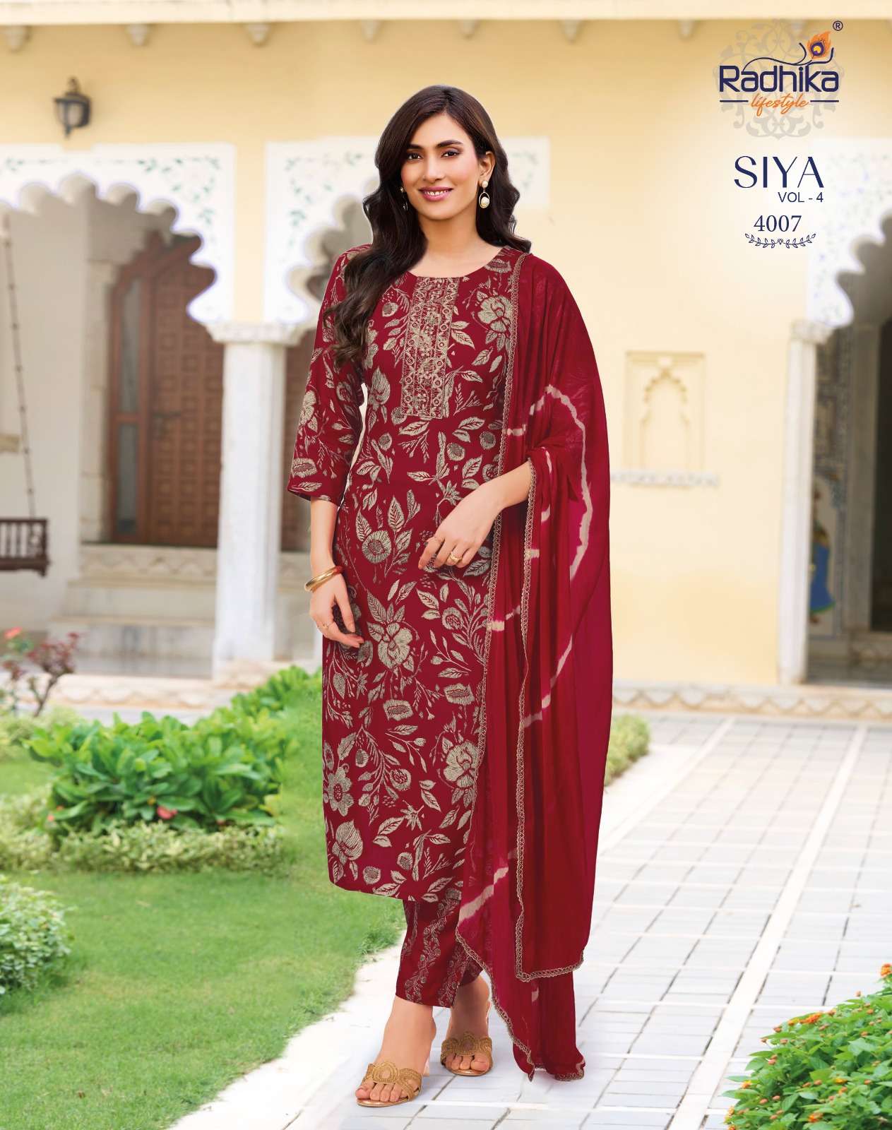 RADHIKA LIFESTYLE SIYA VOL 4 RAYON FOIL PRINT FANCY WORK KURTI PANT DUPPTTA 3 PCS SET