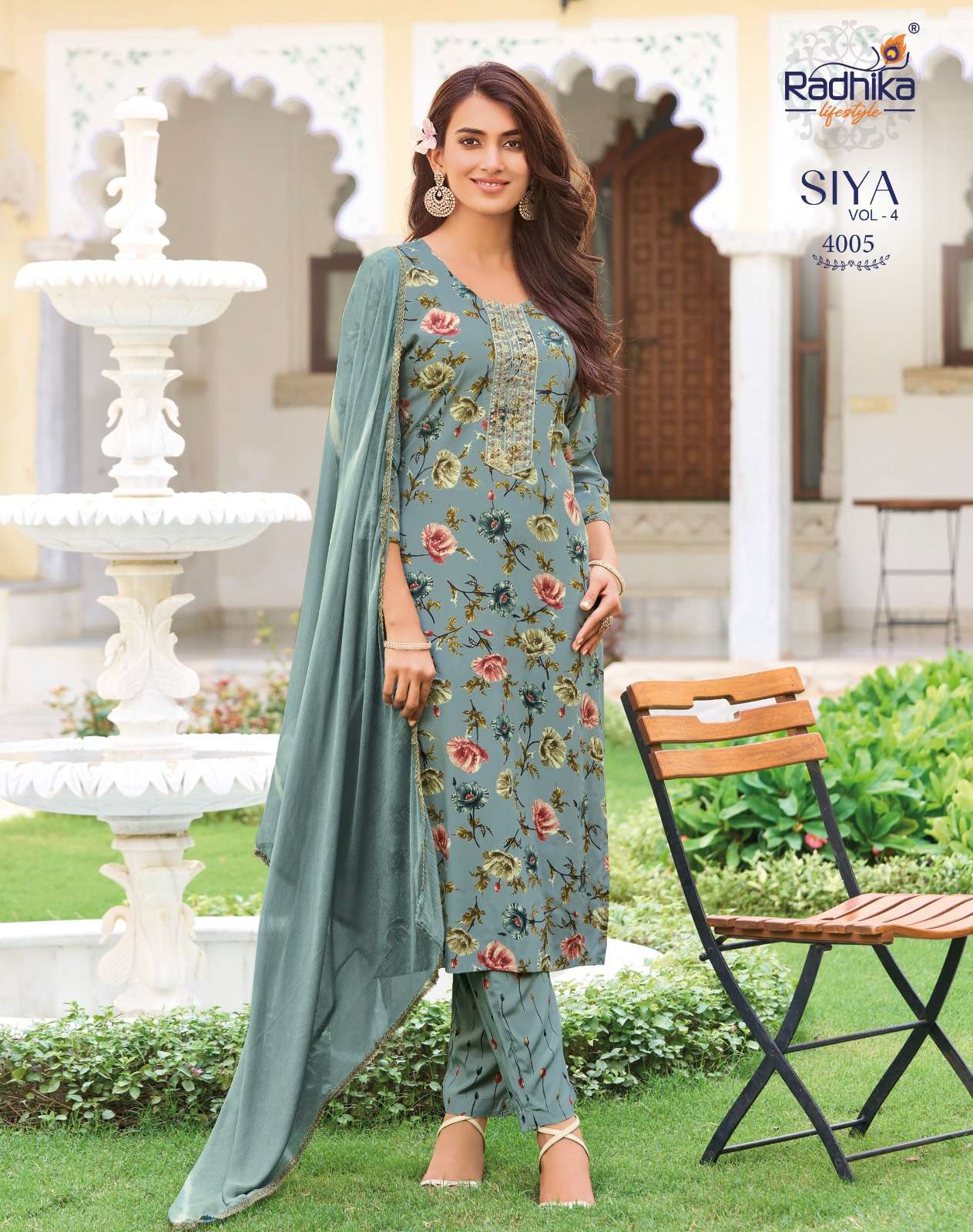 RADHIKA LIFESTYLE SIYA VOL 4 RAYON FOIL PRINT FANCY WORK KURTI PANT DUPPTTA 3 PCS SET