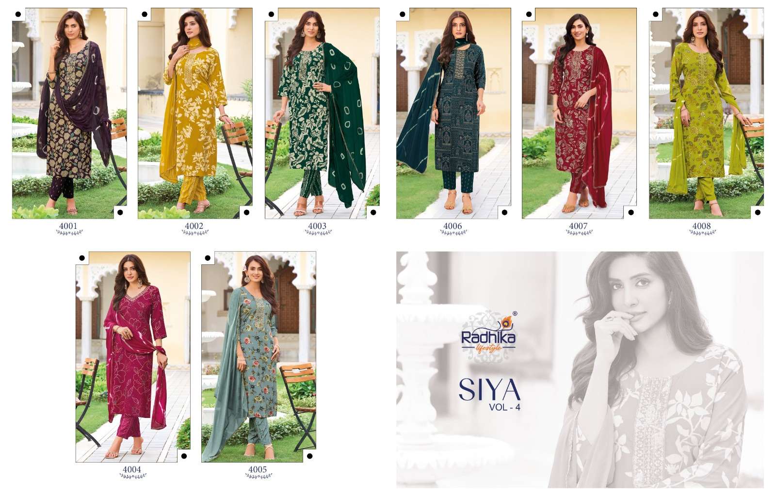 RADHIKA LIFESTYLE SIYA VOL 4 RAYON FOIL PRINT FANCY WORK KURTI PANT DUPPTTA 3 PCS SET