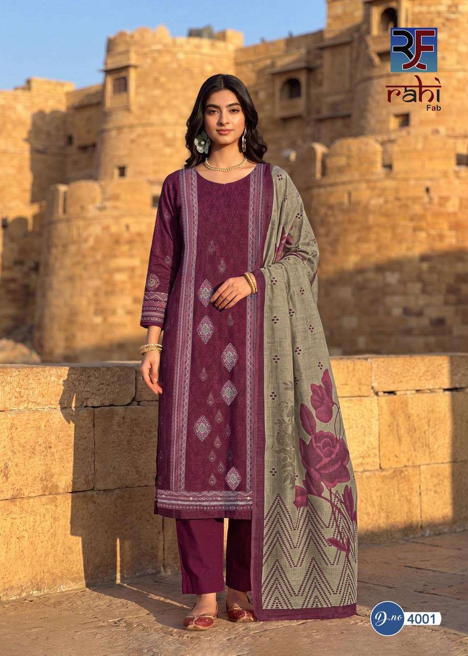 RAHI FAB RISING GOLD VOL 4 COTTON PRINTED WITH FANCY WORK SUIT