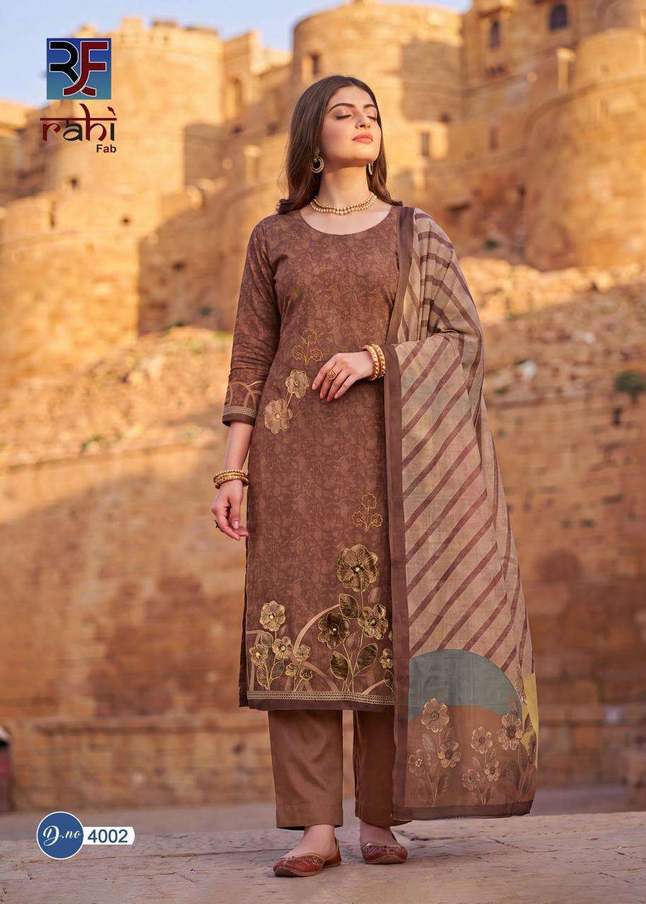 RAHI FAB RISING GOLD VOL 4 COTTON PRINTED WITH FANCY WORK SUIT