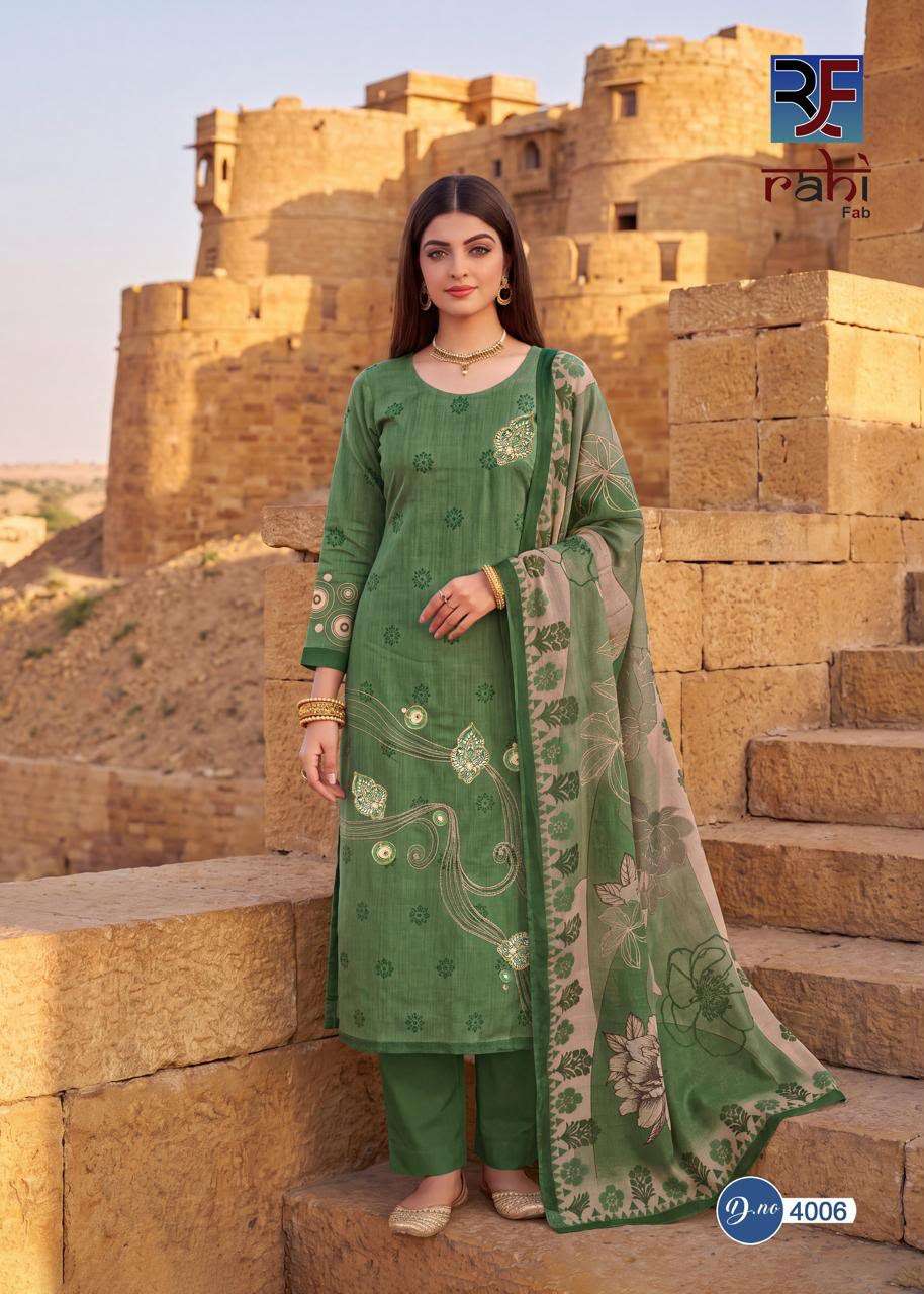 RAHI FAB RISING GOLD VOL 4 COTTON PRINTED WITH FANCY WORK SUIT