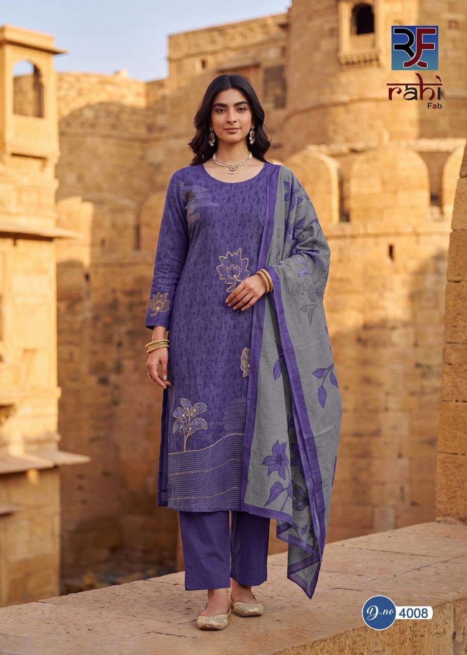 RAHI FAB RISING GOLD VOL 4 COTTON PRINTED WITH FANCY WORK SUIT