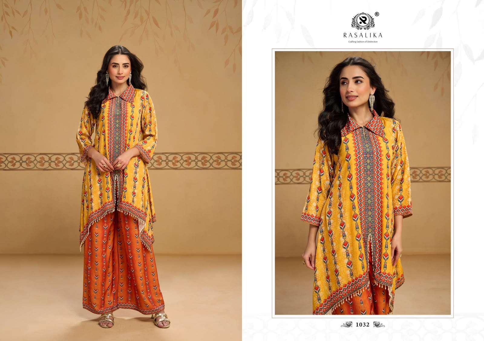 RASALIKA SUKH CREP SILK DIGITAL PRINT WITH EMBELLISHED MIRROR WORK CORD SET