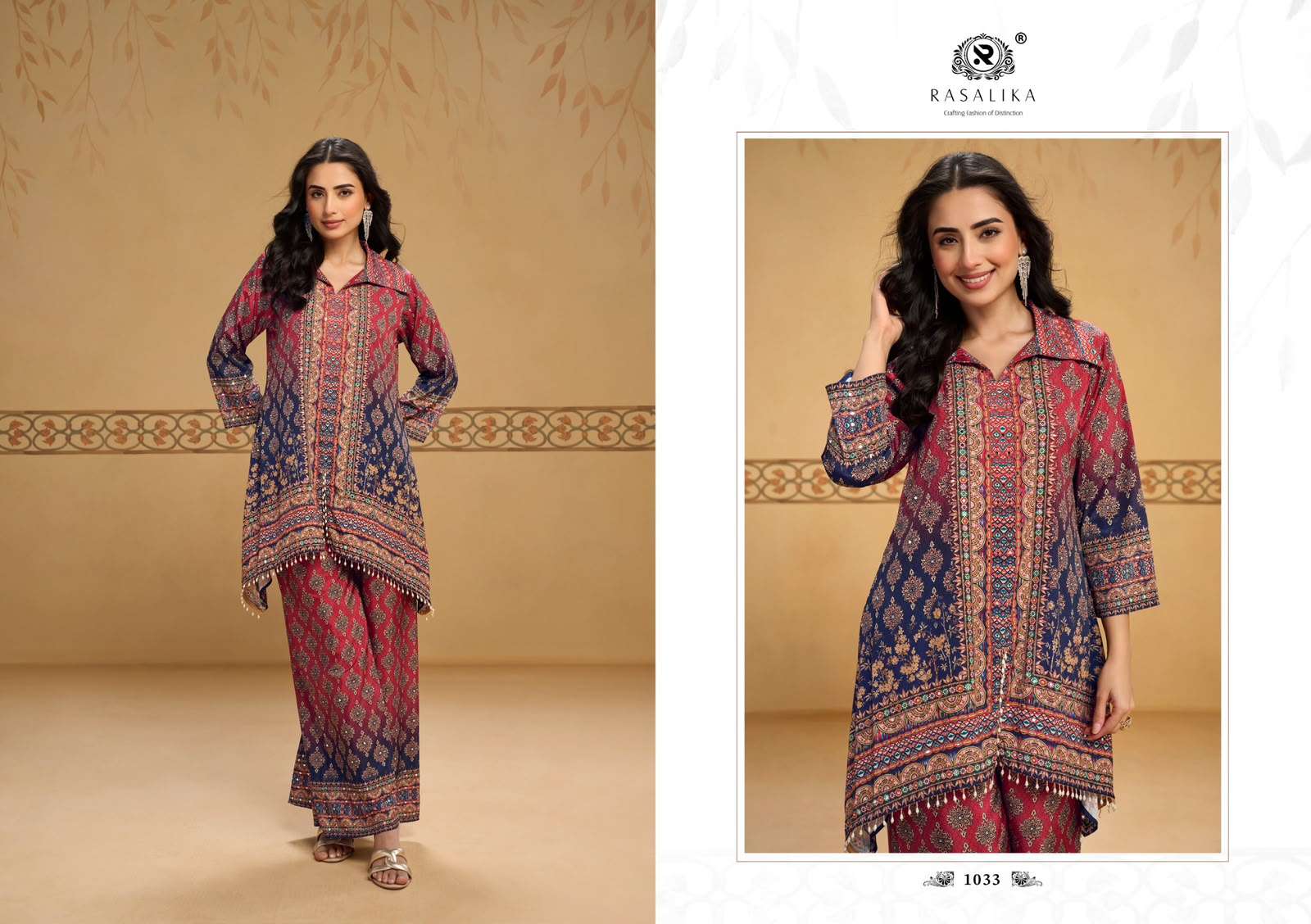 RASALIKA SUKH CREP SILK DIGITAL PRINT WITH EMBELLISHED MIRROR WORK CORD SET