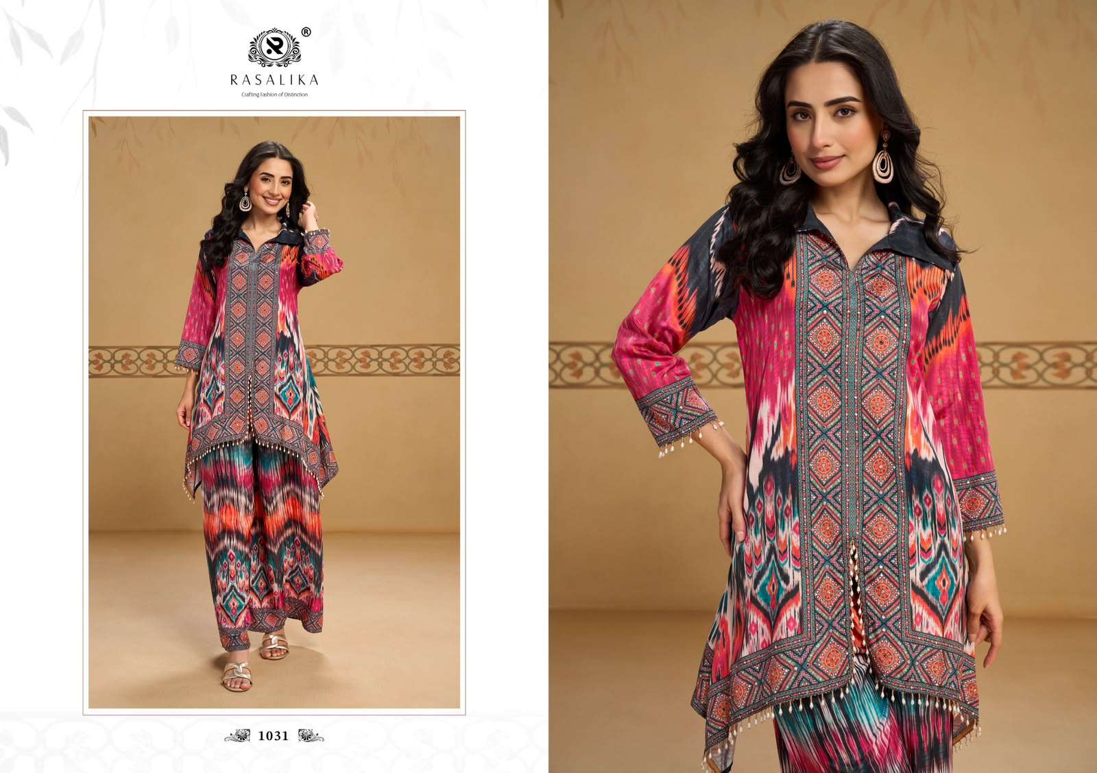 RASALIKA SUKH CREP SILK DIGITAL PRINT WITH EMBELLISHED MIRROR WORK CORD SET