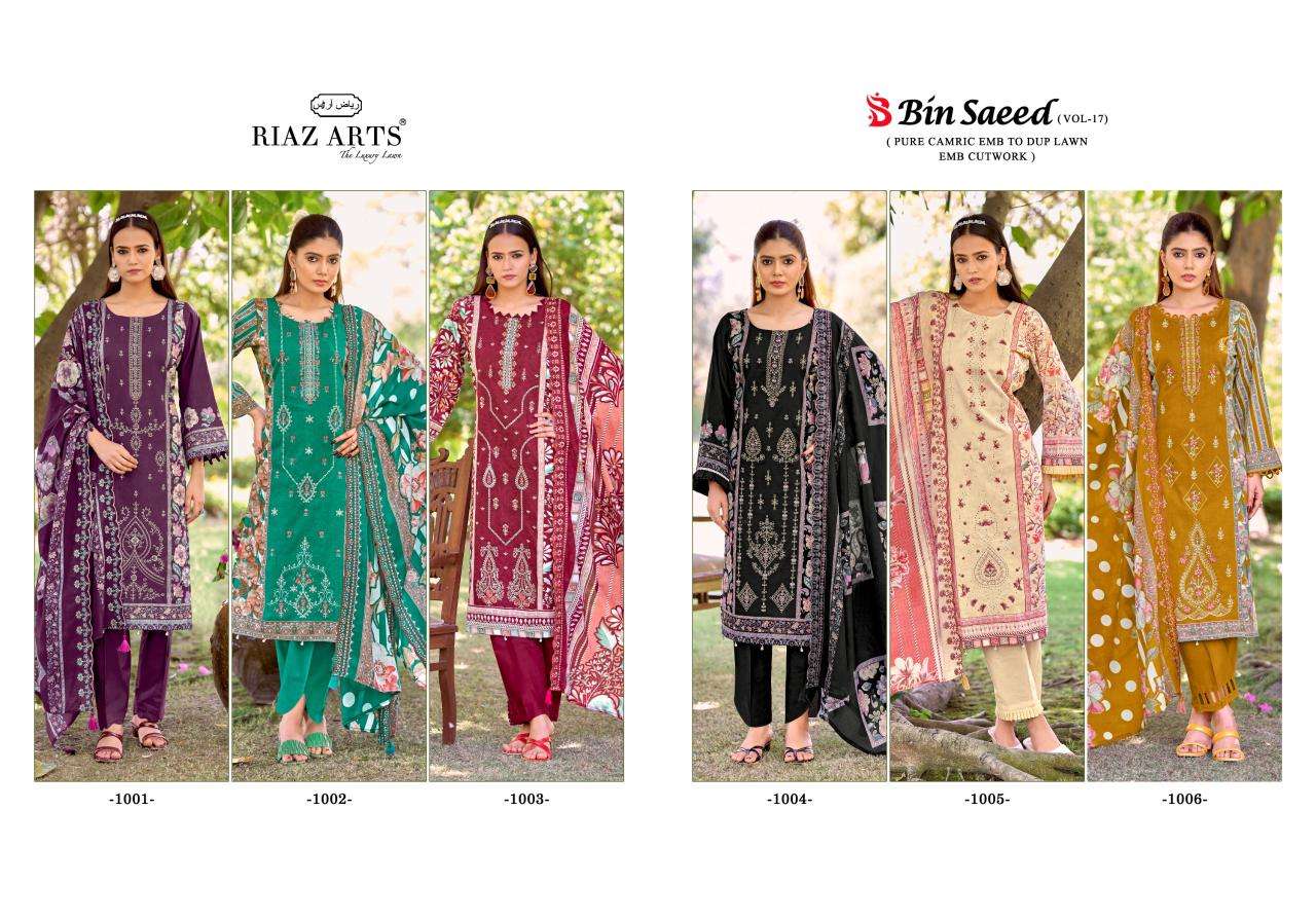 RIAZ ARTS BIN SAEED VOL 17 LAWN COTTON DIGITAL PRINTS WITH EMBROIDERY WORK SUIT