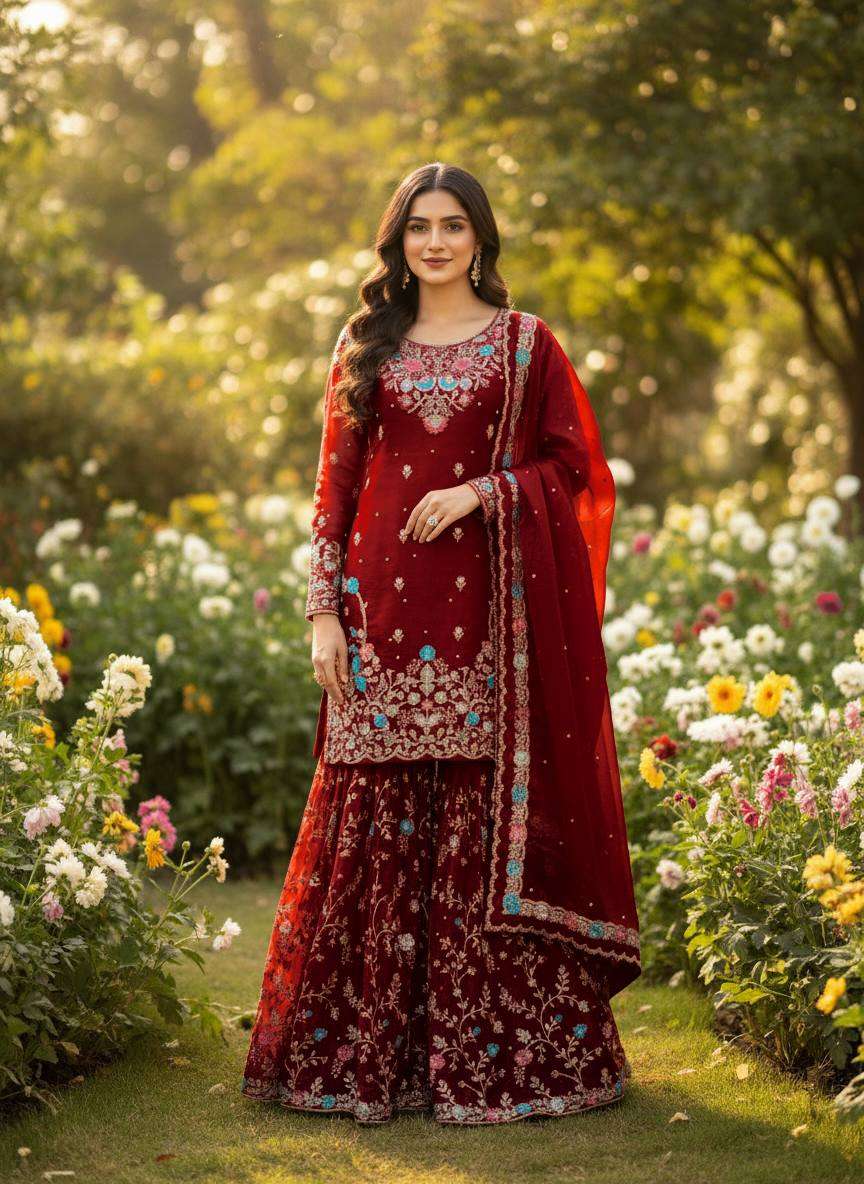RTC 5956 SILK SEQUENCE EMBROIDERY DESIGNER WORK SUITS PARTY WEAR LADIES SHARARA SUIT 