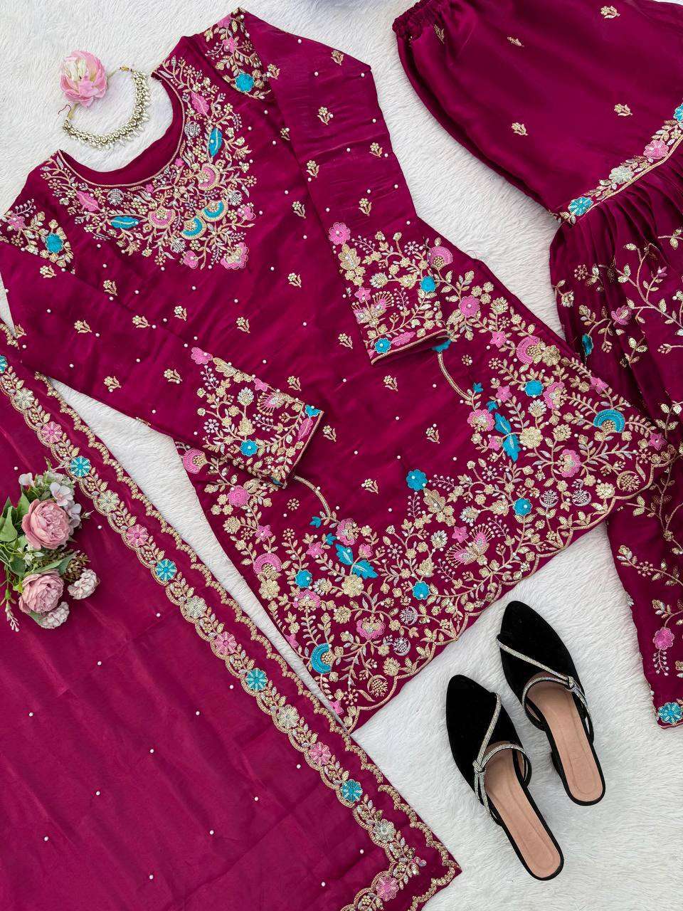 RTC 5956 SILK SEQUENCE EMBROIDERY DESIGNER WORK SUITS PARTY WEAR LADIES SHARARA SUIT 