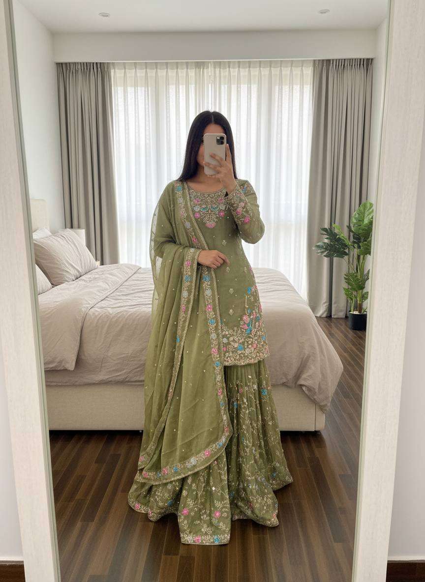 RTC 5956 SILK SEQUENCE EMBROIDERY DESIGNER WORK SUITS PARTY WEAR LADIES SHARARA SUIT 