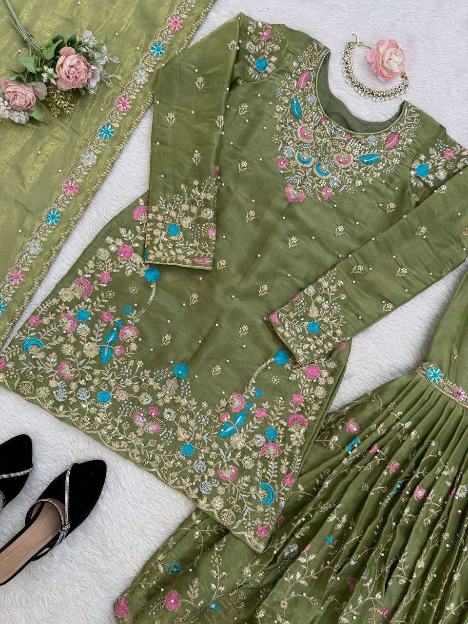 RTC 5956 SILK SEQUENCE EMBROIDERY DESIGNER WORK SUITS PARTY WEAR LADIES SHARARA SUIT 