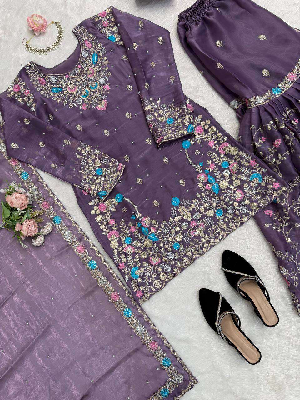 RTC 5956 SILK SEQUENCE EMBROIDERY DESIGNER WORK SUITS PARTY WEAR LADIES SHARARA SUIT 