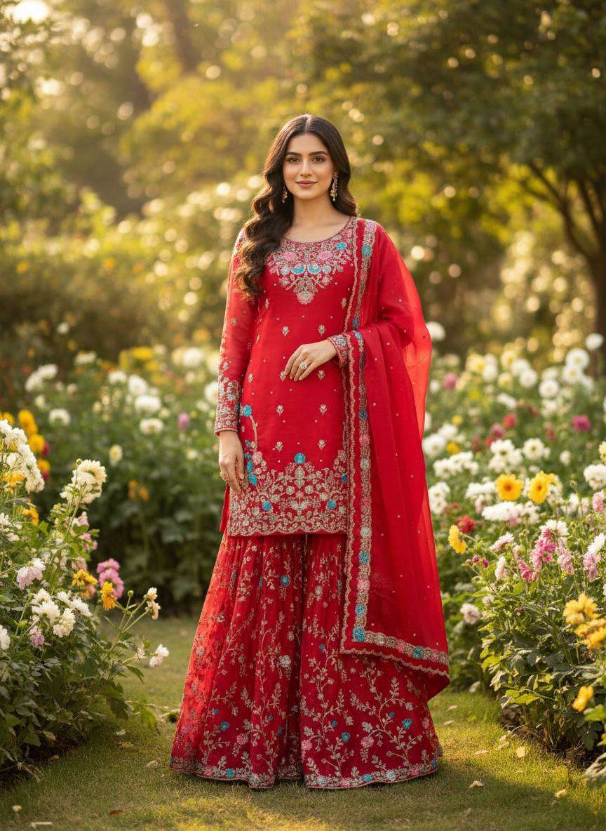 RTC 5956 SILK SEQUENCE EMBROIDERY DESIGNER WORK SUITS PARTY WEAR LADIES SHARARA SUIT 