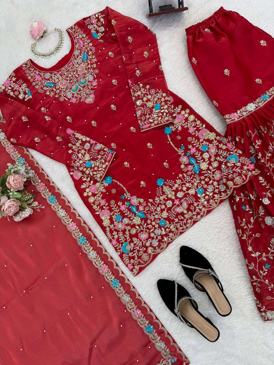 RTC 5956 SILK SEQUENCE EMBROIDERY DESIGNER WORK SUITS PARTY WEAR LADIES SHARARA SUIT 