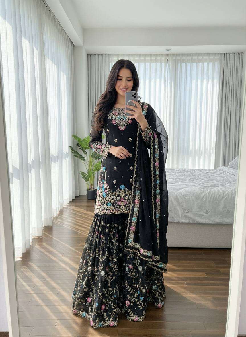 RTC 5956 SILK SEQUENCE EMBROIDERY DESIGNER WORK SUITS PARTY WEAR LADIES SHARARA SUIT 