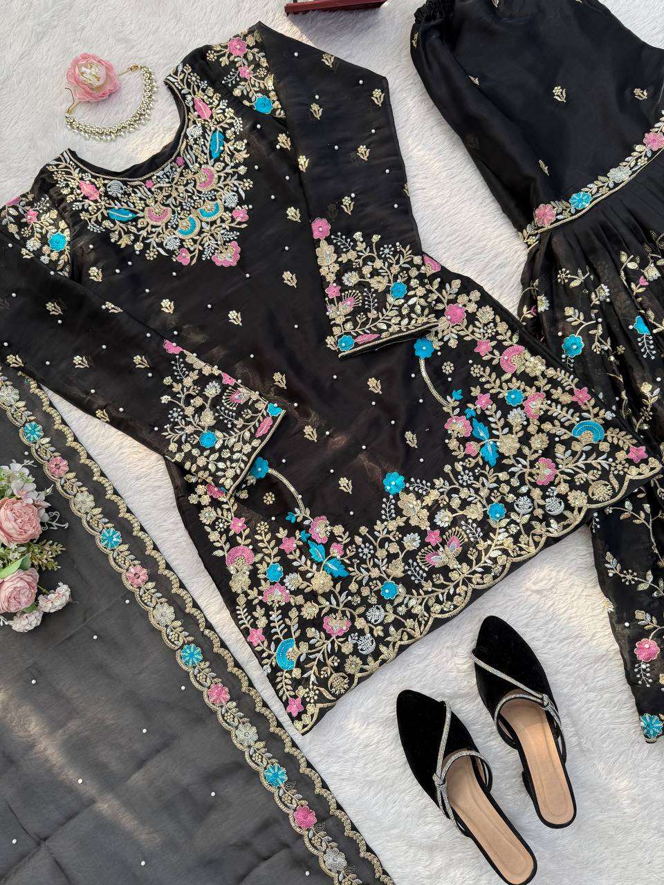 RTC 5956 SILK SEQUENCE EMBROIDERY DESIGNER WORK SUITS PARTY WEAR LADIES SHARARA SUIT 
