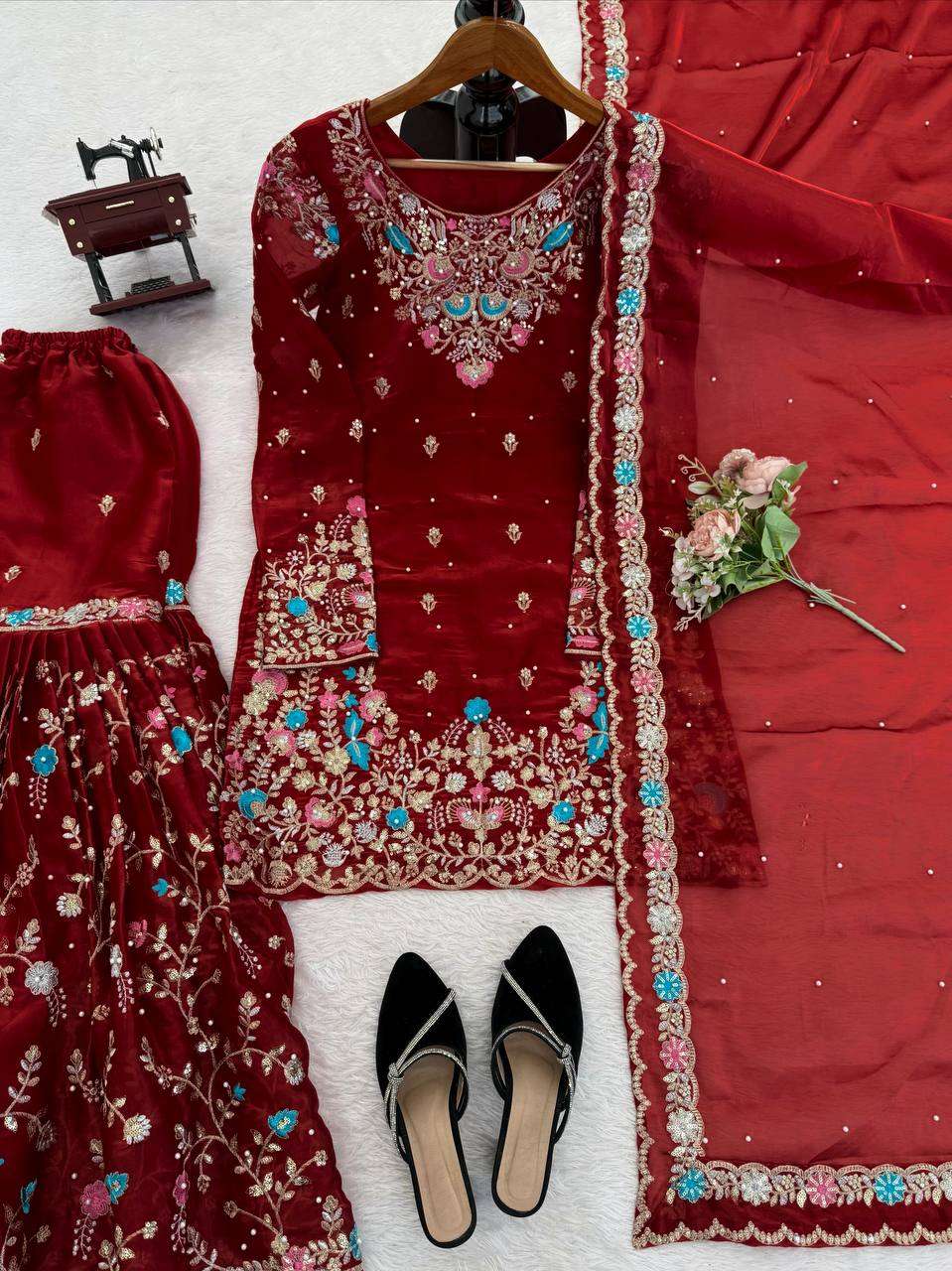 RTC 5956 SILK SEQUENCE EMBROIDERY DESIGNER WORK SUITS PARTY WEAR LADIES SHARARA SUIT 