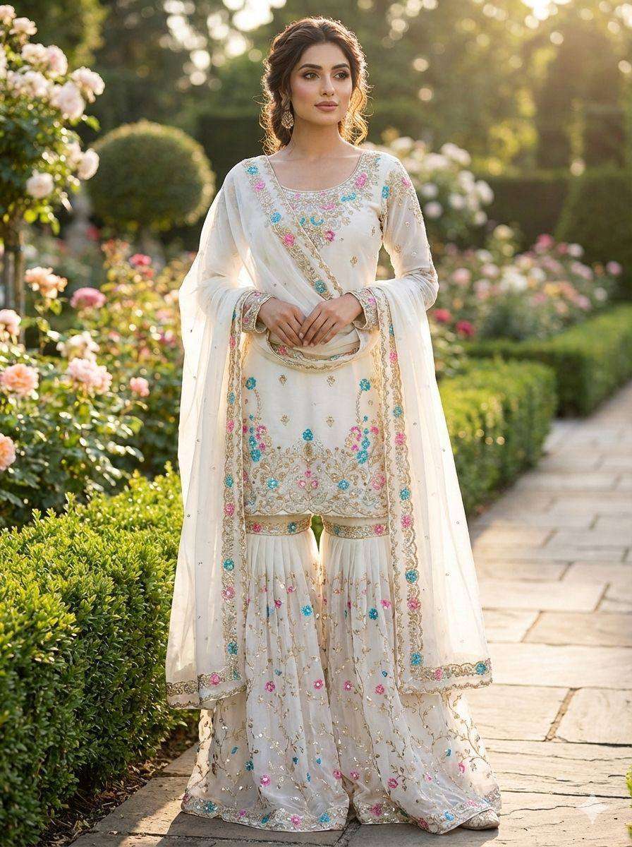 RTC 5956 SILK SEQUENCE EMBROIDERY DESIGNER WORK SUITS PARTY WEAR LADIES SHARARA SUIT 