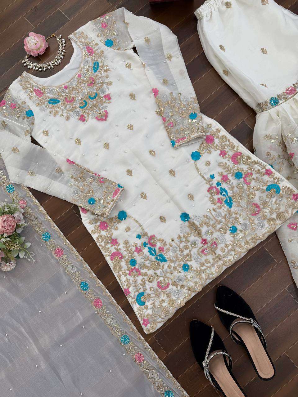 RTC 5956 SILK SEQUENCE EMBROIDERY DESIGNER WORK SUITS PARTY WEAR LADIES SHARARA SUIT 