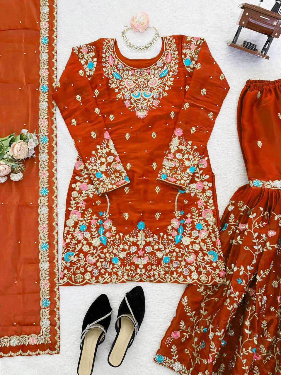 RTC 5956 SILK SEQUENCE EMBROIDERY DESIGNER WORK SUITS PARTY WEAR LADIES SHARARA SUIT 