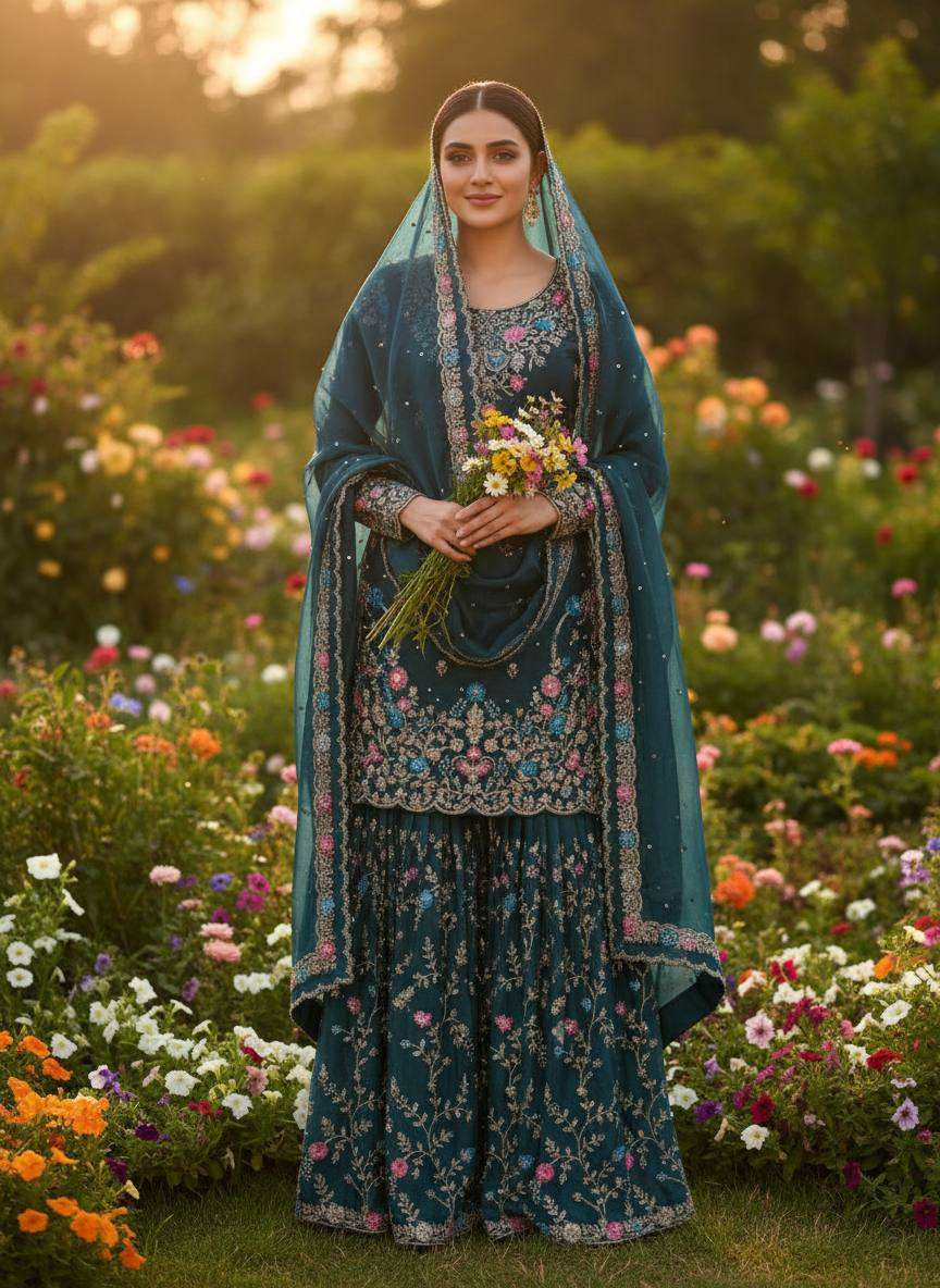 RTC 5956 SILK SEQUENCE EMBROIDERY DESIGNER WORK SUITS PARTY WEAR LADIES SHARARA SUIT 